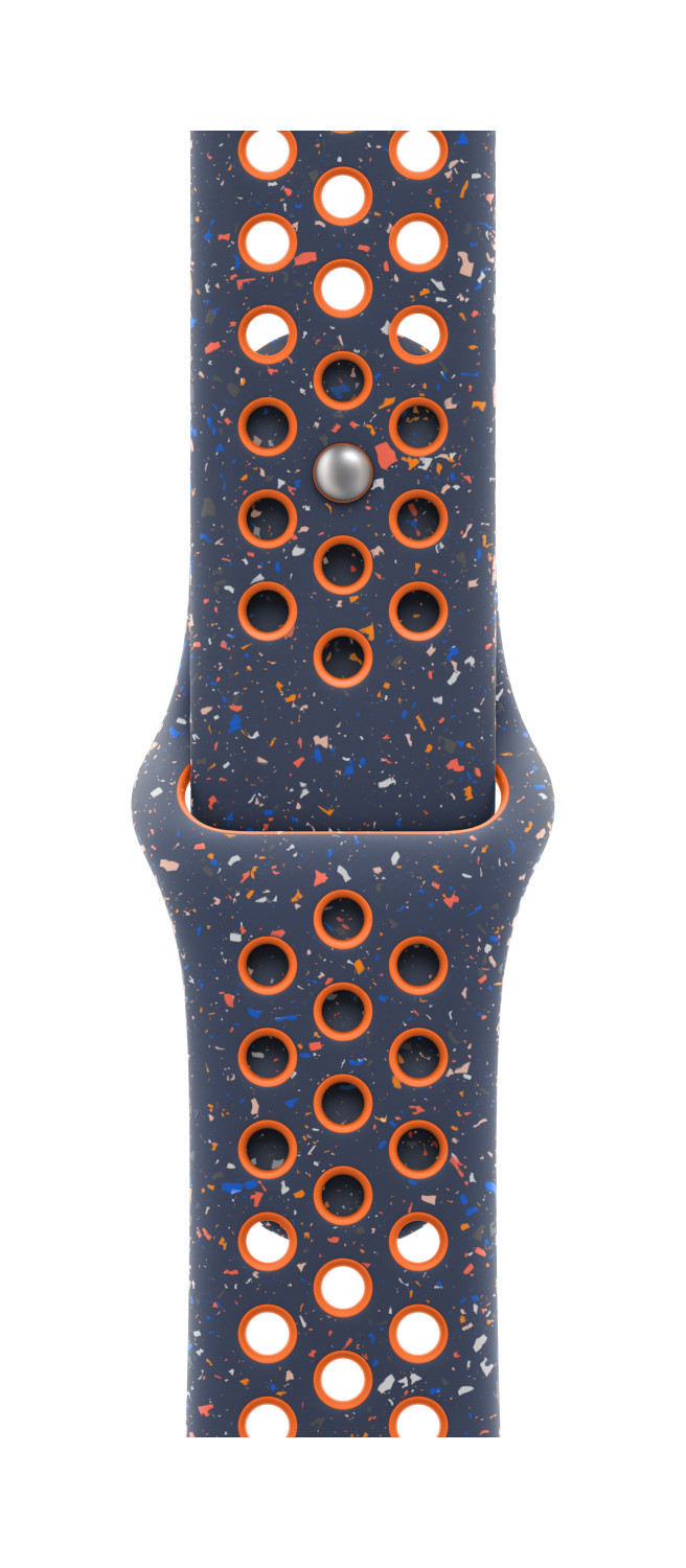 Dark blue watch band with orange perforated holes and colorful speckles.