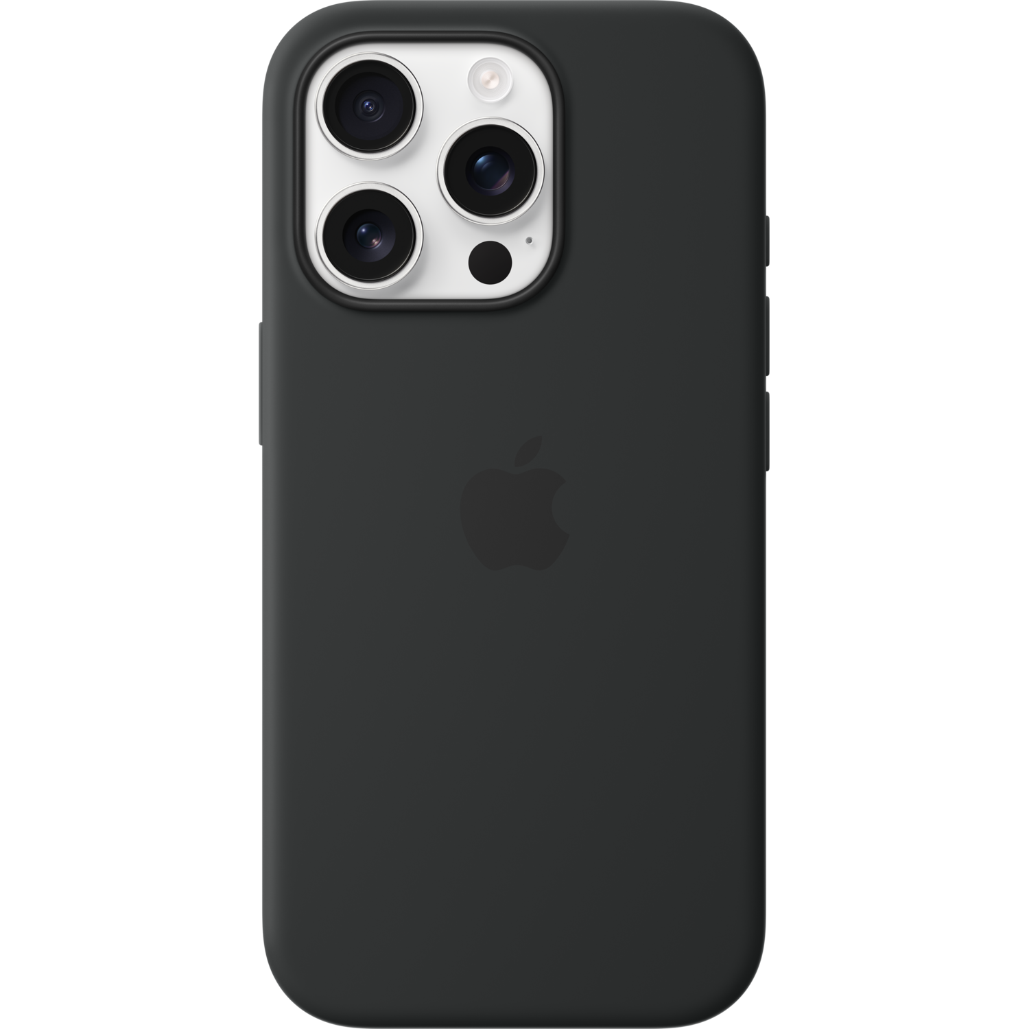 Zwarte iPhone-hoes met het Apple-logo. De hoes heeft een matte afwerking. Zwarte achtergrond.