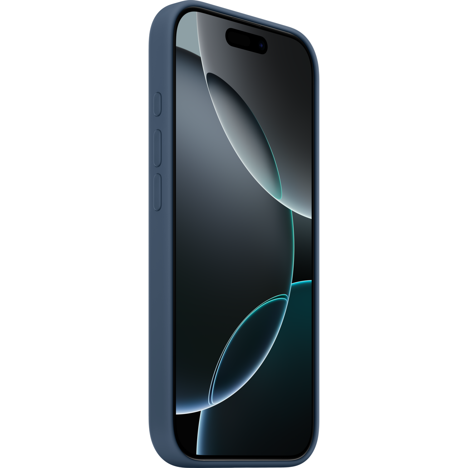 Blauwe iPhone in een blauwe hoes. De telefoon staat aan de rechterkant. Het scherm is donker.