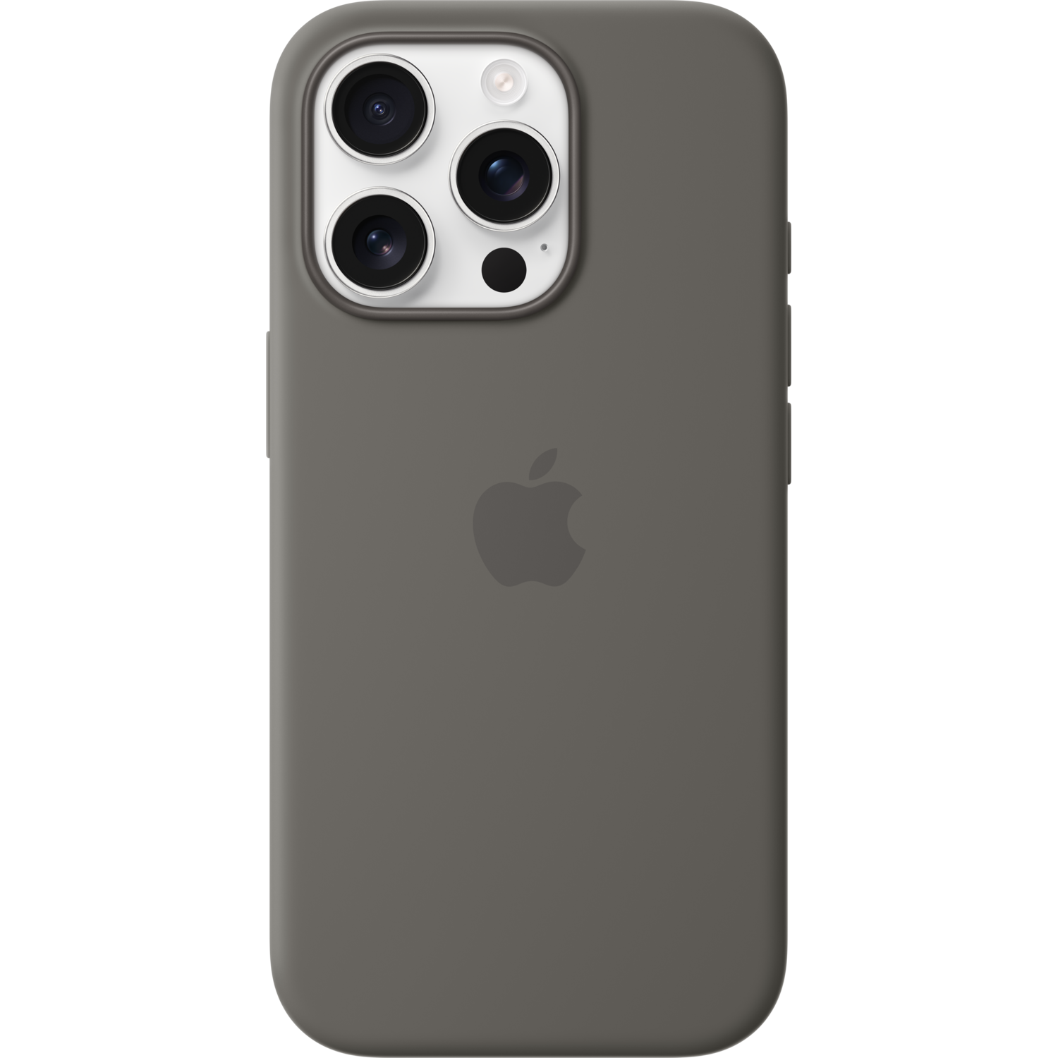 Achteraanzicht van een grijze telefoonhoes met drie camera's en het Apple-logo.