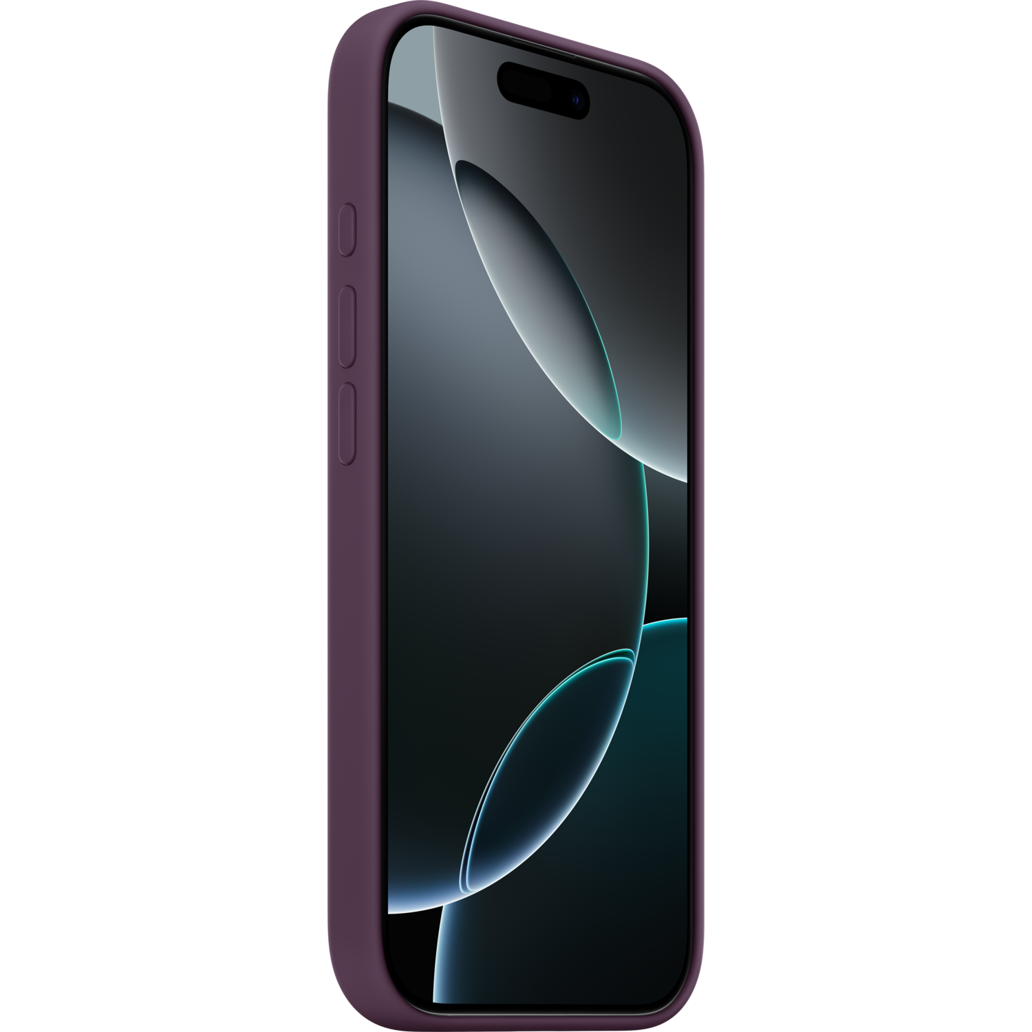 Een paarse telefoon met een scherm met een donkere abstracte afbeelding, op een zwarte achtergrond.