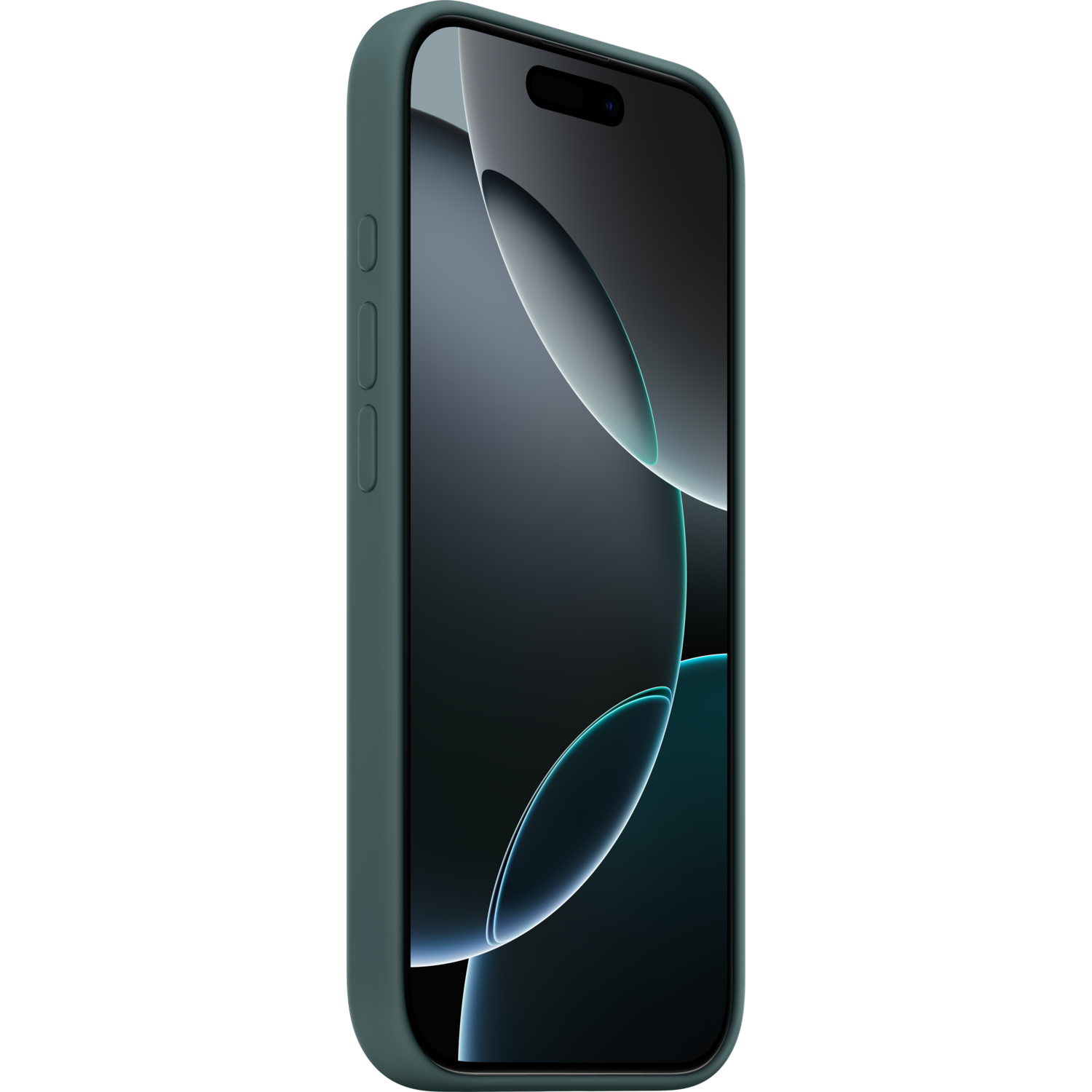 iPhone in een teal hoesje, zijaanzicht, tegen een zwarte achtergrond met abstract ontwerp.