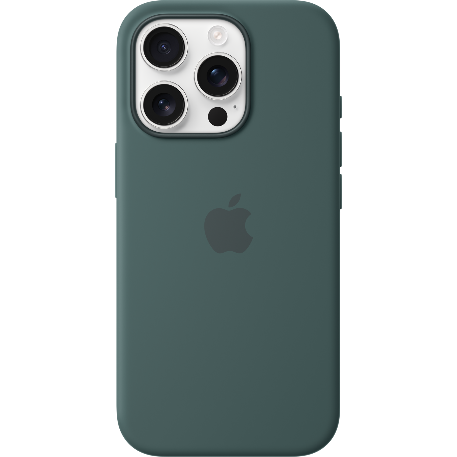 Donkergroene iPhone-hoes met het Apple-logo en drie cameralenzen.