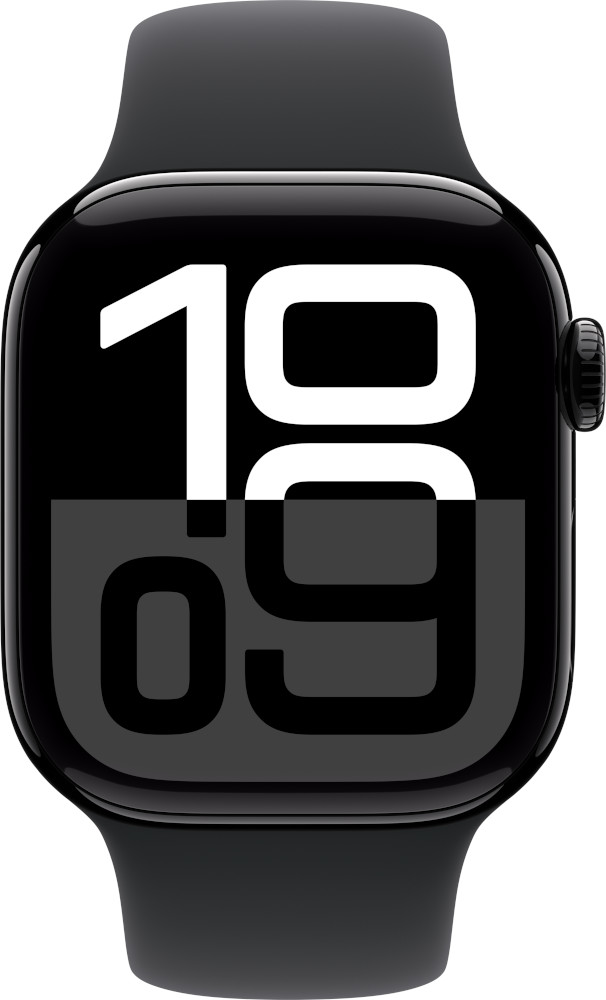 Zwarte Apple Watch met zwarte band, toont de tijd 10:09.