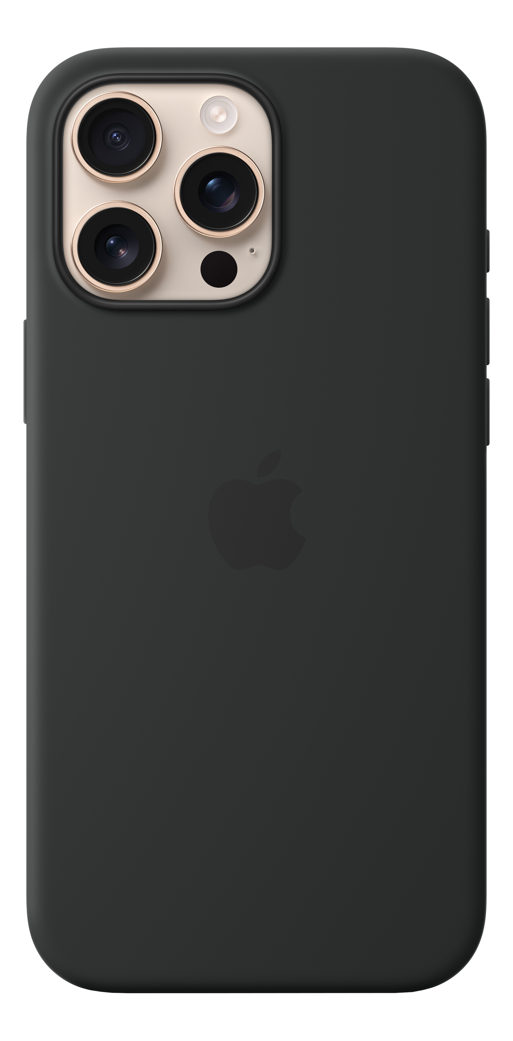 Coque de téléphone noire avec objectifs dorés et logo Apple.