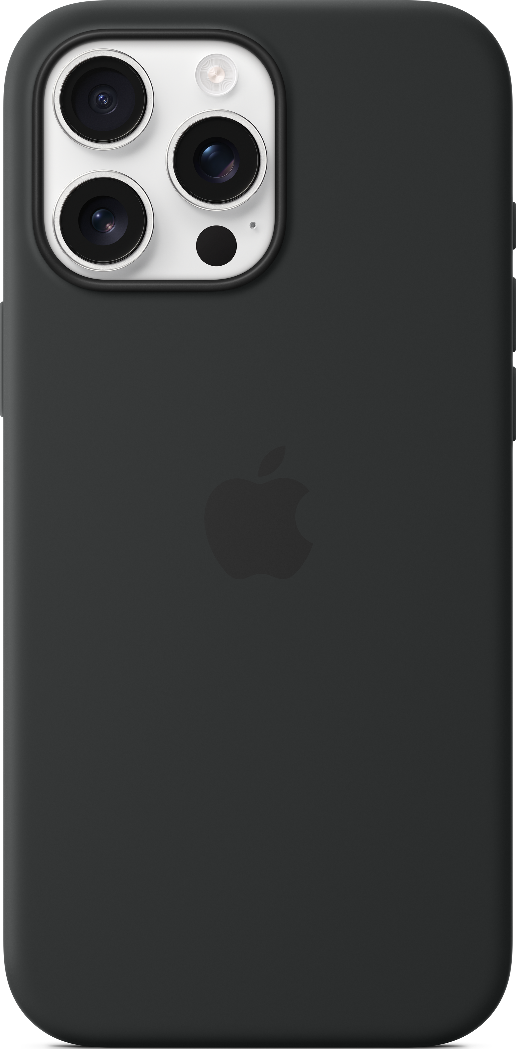 Une coque de téléphone noire sur fond blanc, avec le logo Apple visible.