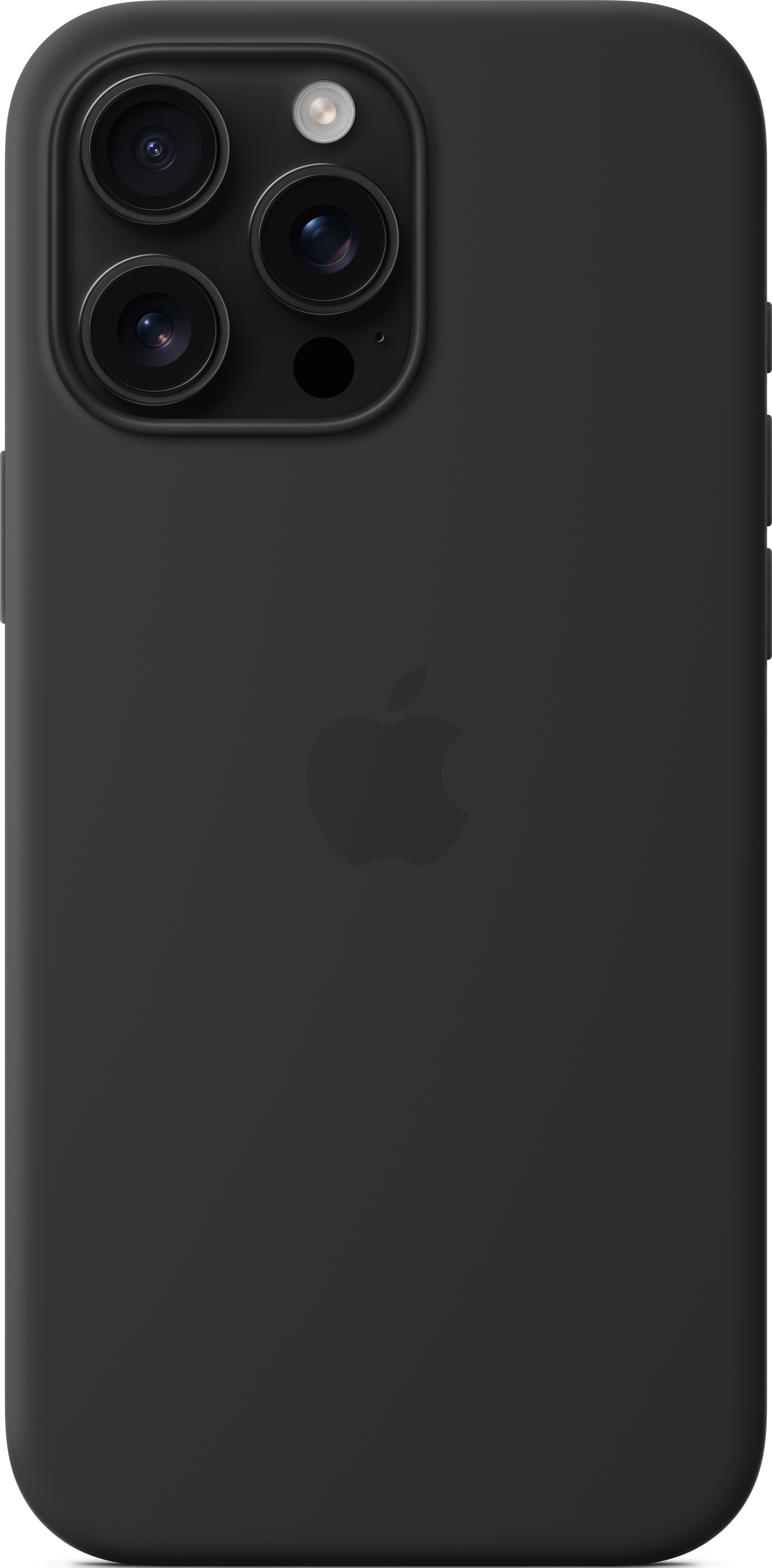 Téléphone noir avec dos noir et logo Apple. Il a trois lentilles de caméra à l'arrière.