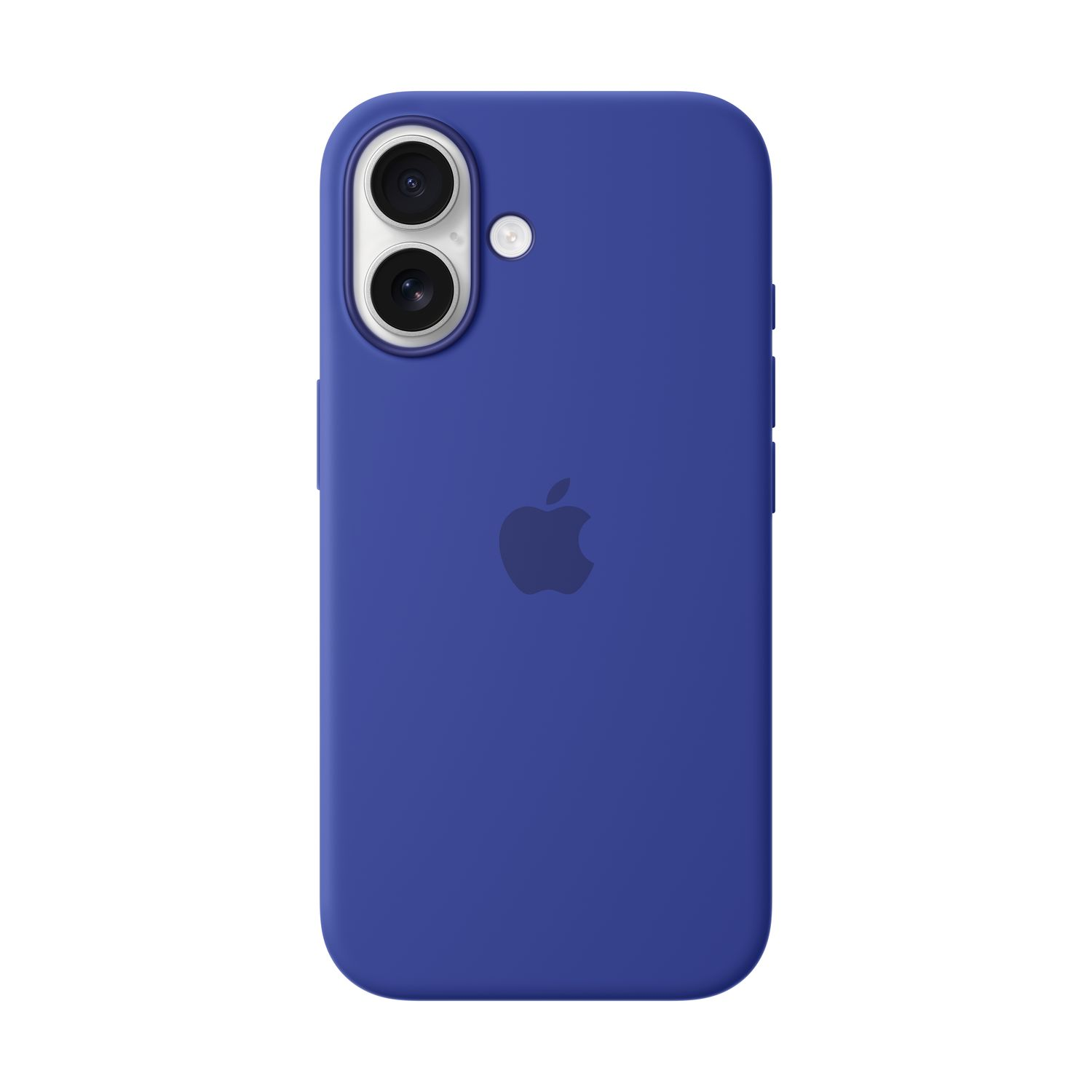 Un étui bleu pour iPhone avec le logo Apple et des lentilles de caméra à l'arrière.
