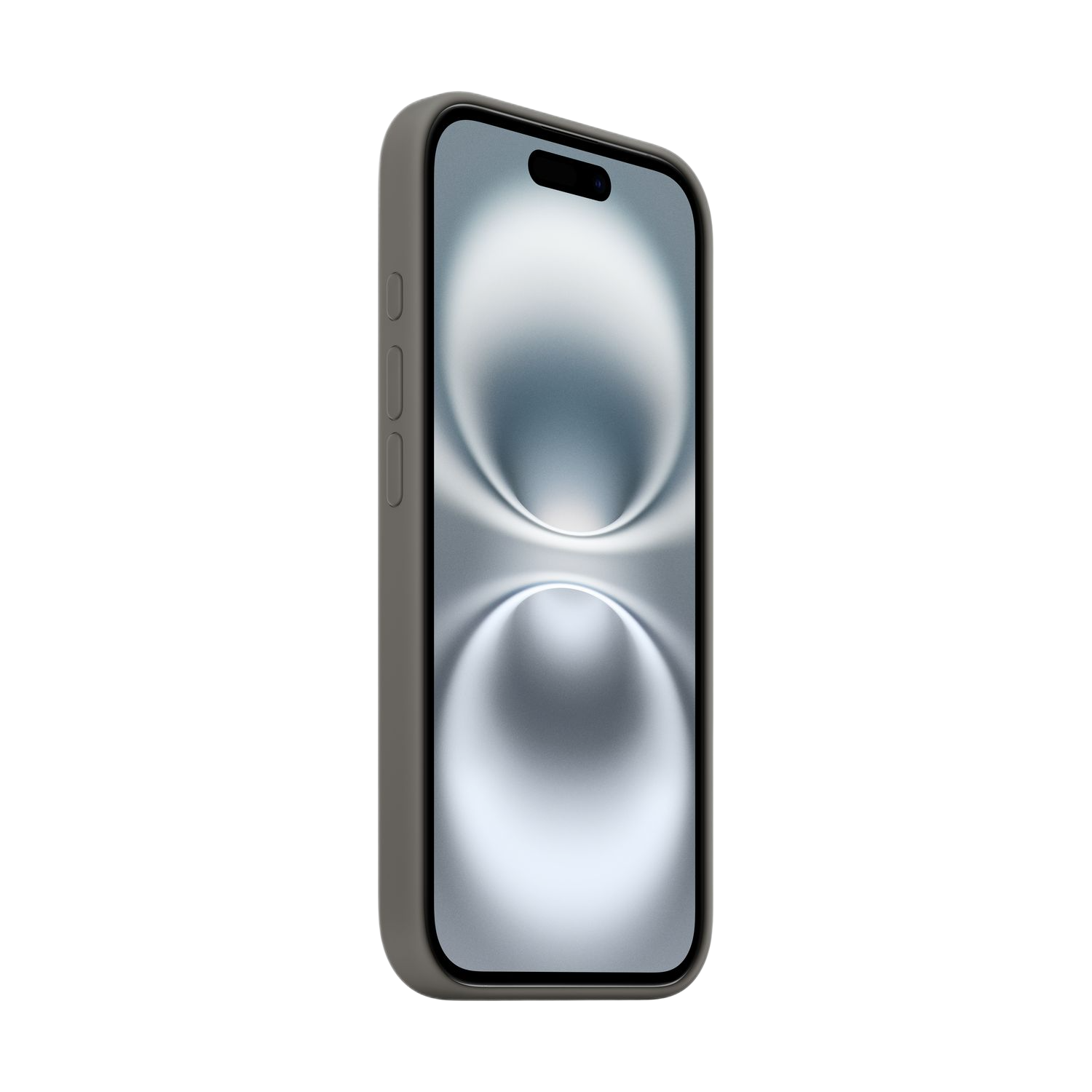 Un téléphone mobile dans un étui gris avec un écran blanc cassé.