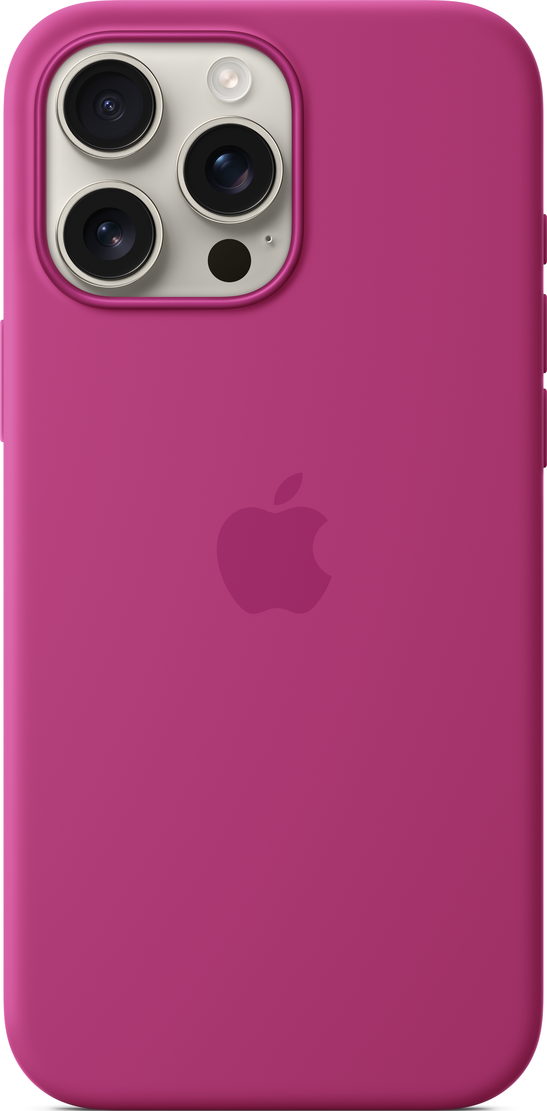 Ein pinkes iPhone-Case mit Apple-Logo und drei Kameralinsen.