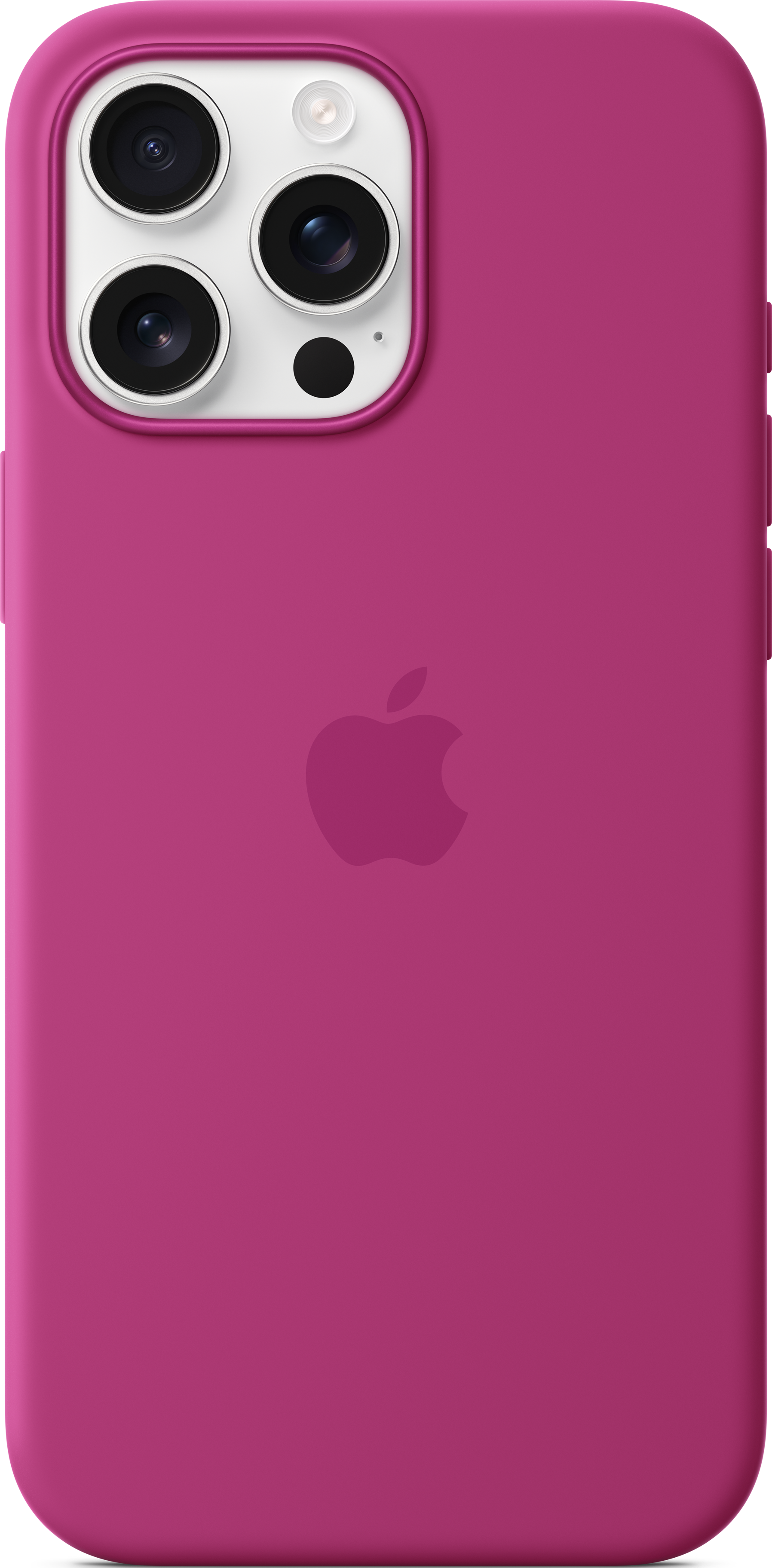 Ein pinkfarbenes iPhone-Case mit drei Kameralinsen und einem Apple-Logo.