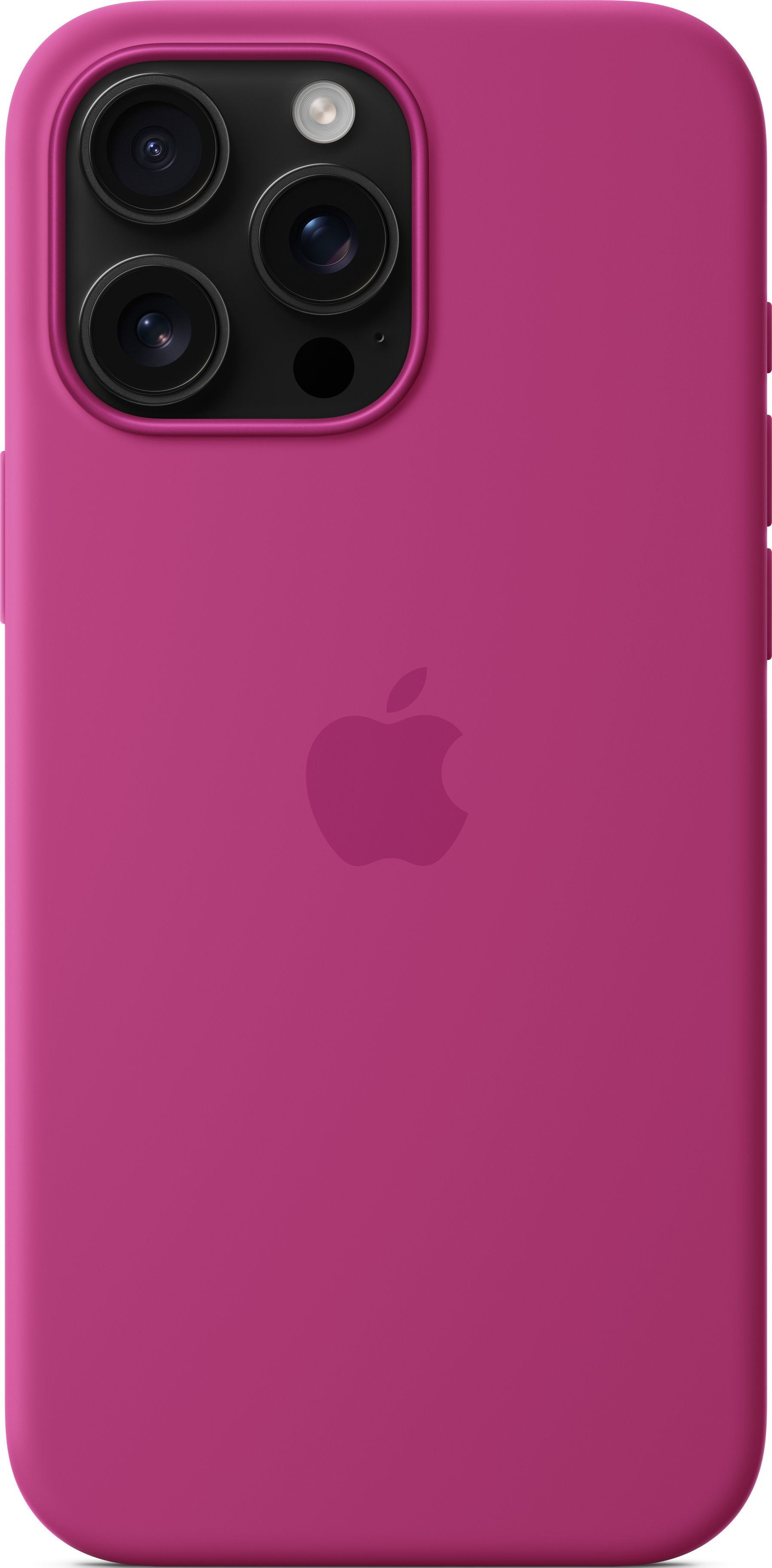 Fuchsiafarbene Handyhülle mit Apple-Logo und Kameramodul.