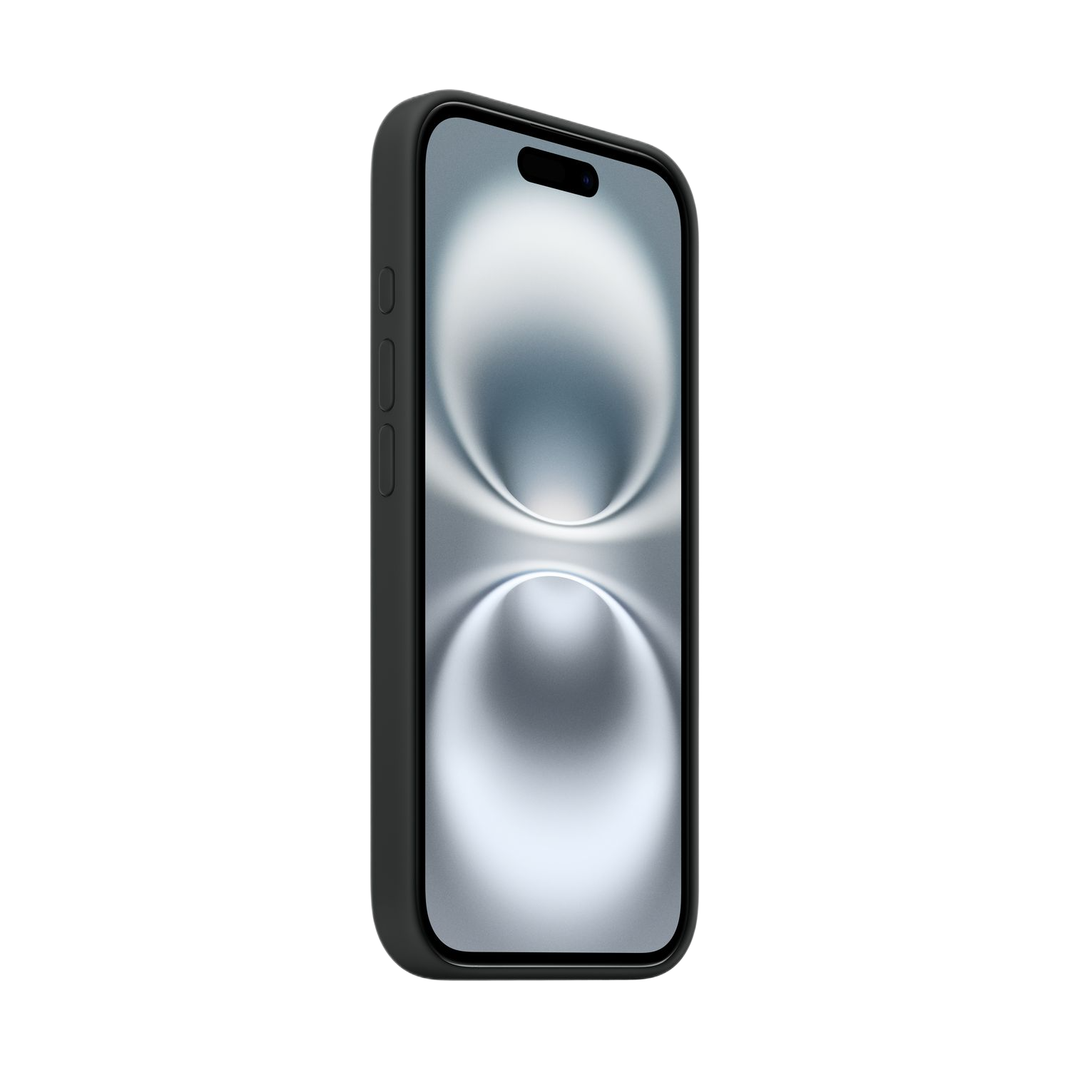 Zwarte telefoon in een hoes, schuine weergave, met een scherm dat een verloop weergeeft.