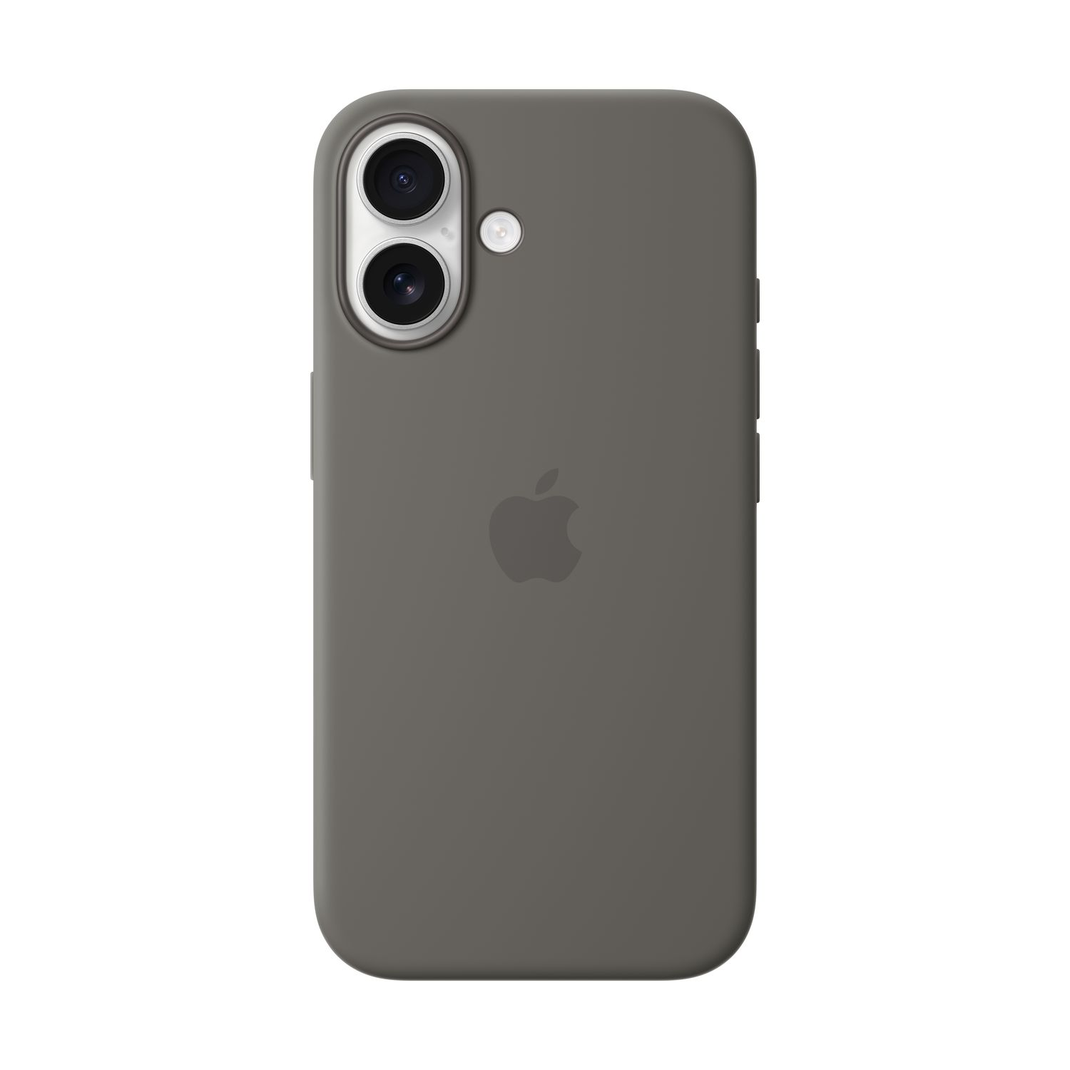Grijze iPhone-hoes met dubbele camera's en Apple-logo op witte achtergrond.