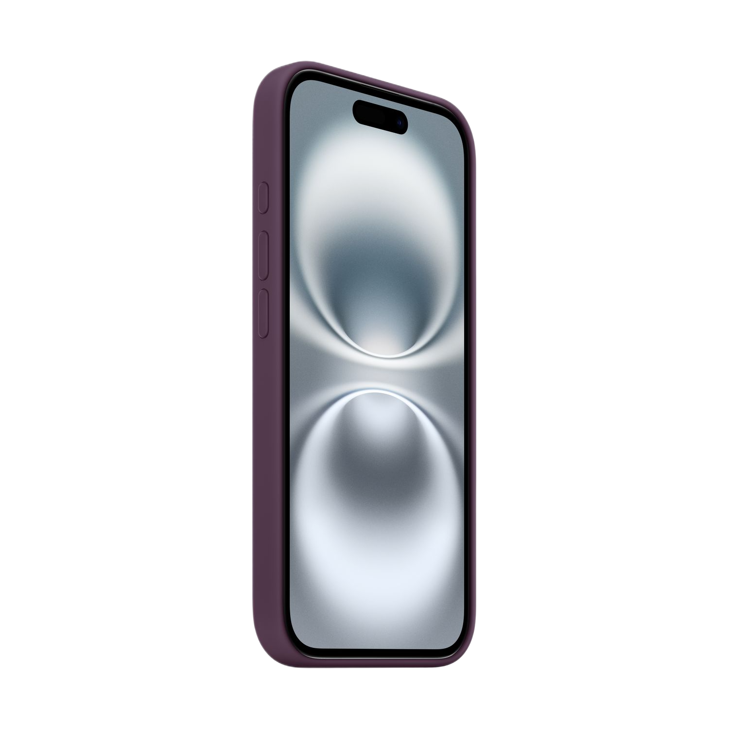 Paarse telefoonhoes op een zwarte achtergrond. De telefoon toont een zilveren en witte gradiënt design.