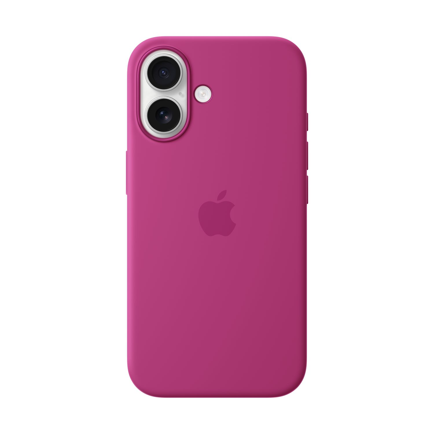 Magenta telefoonhoesje met twee camera's en een Apple-logo, tegen een witte achtergrond.