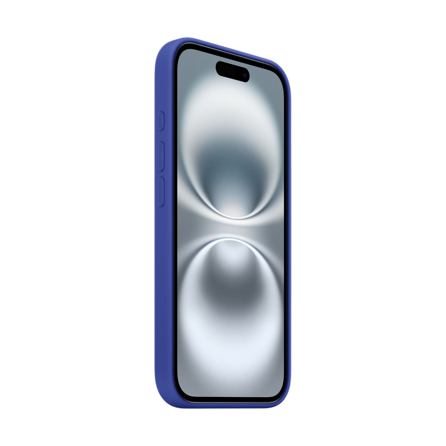 Blauw iPhone-hoesje met scherm dat een wazige afbeelding toont. Zwarte achtergrond.