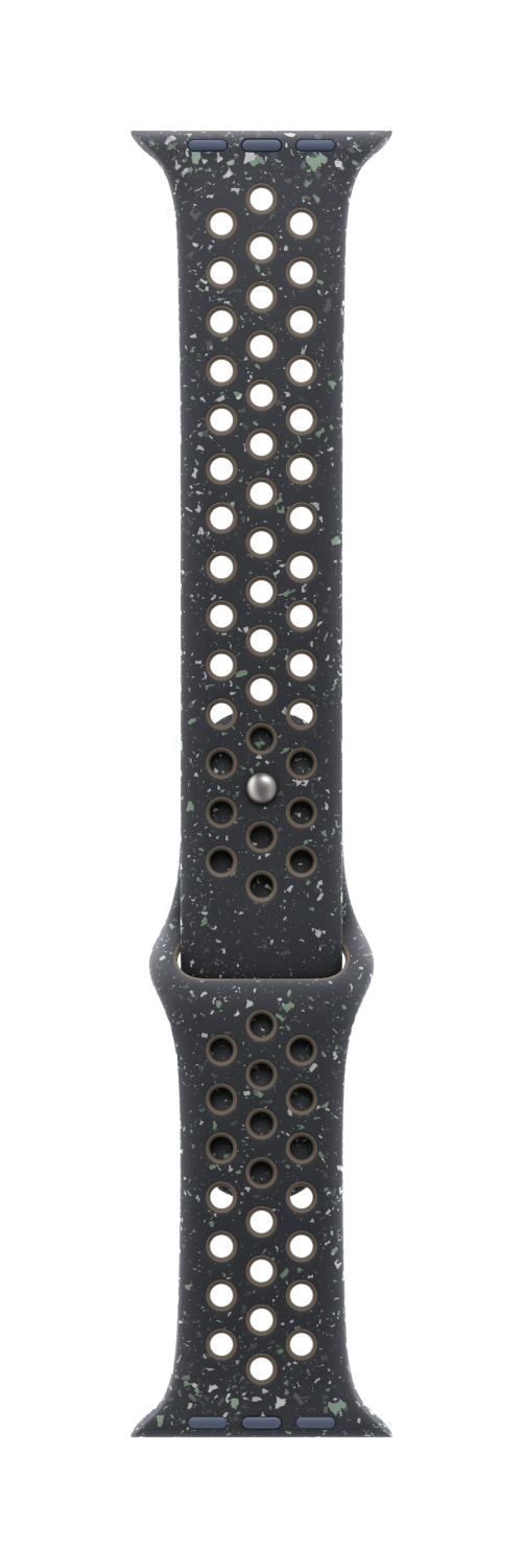 Bracelet de montre noir et gris. Le bracelet a des trous et un motif moucheté, avec un fond noir.