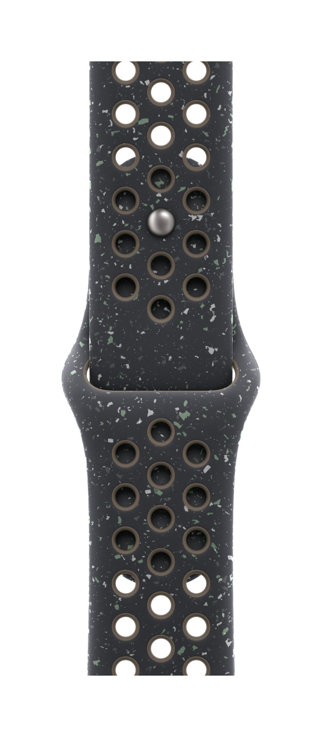 Bracelet de montre gris foncé avec des mouchetures vertes et grises, trous perforés.