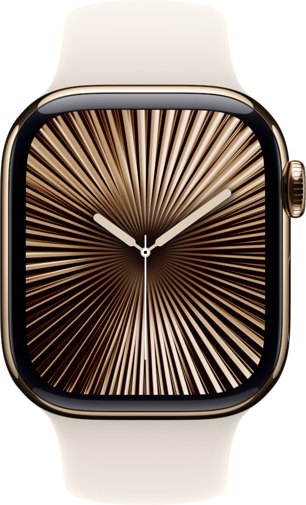 Gold Apple Watch Series with a white strap, clock face with radial design.
