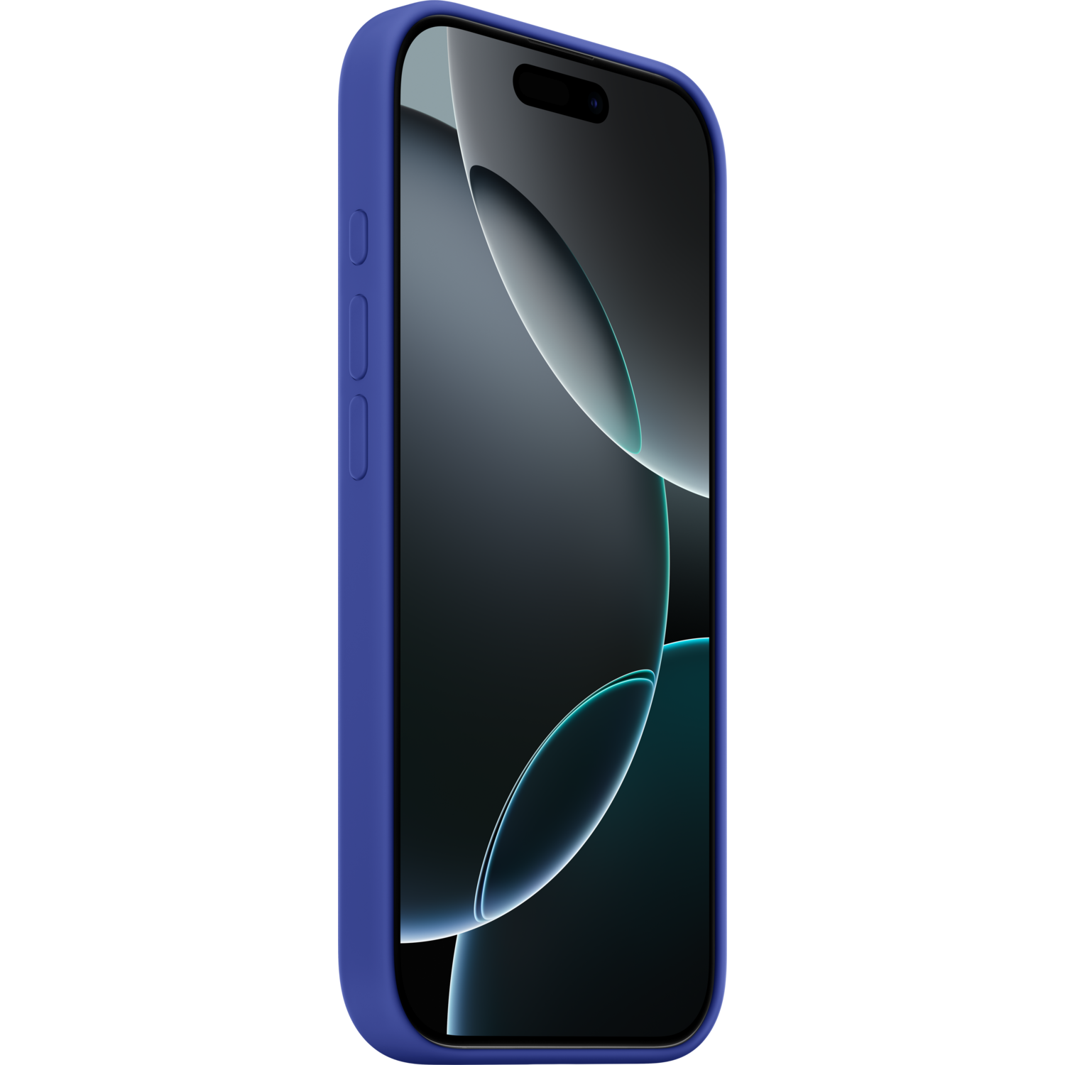 iPhone bleu dans un étui bleu, écran noir affichant des graphiques. Vue latérale, fond noir.