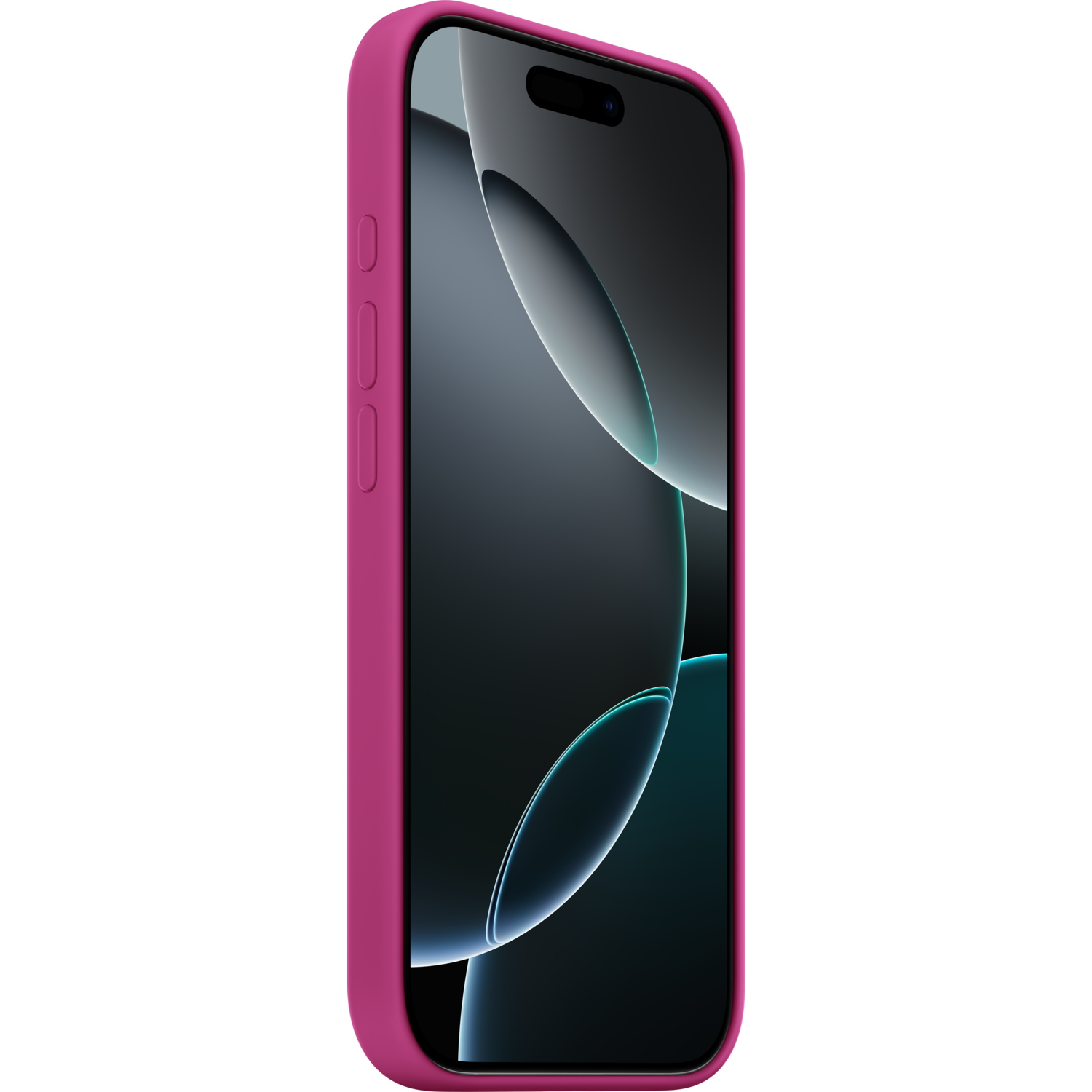 iPhone dans un étui rose, vue de côté, sur fond noir avec un design abstrait.