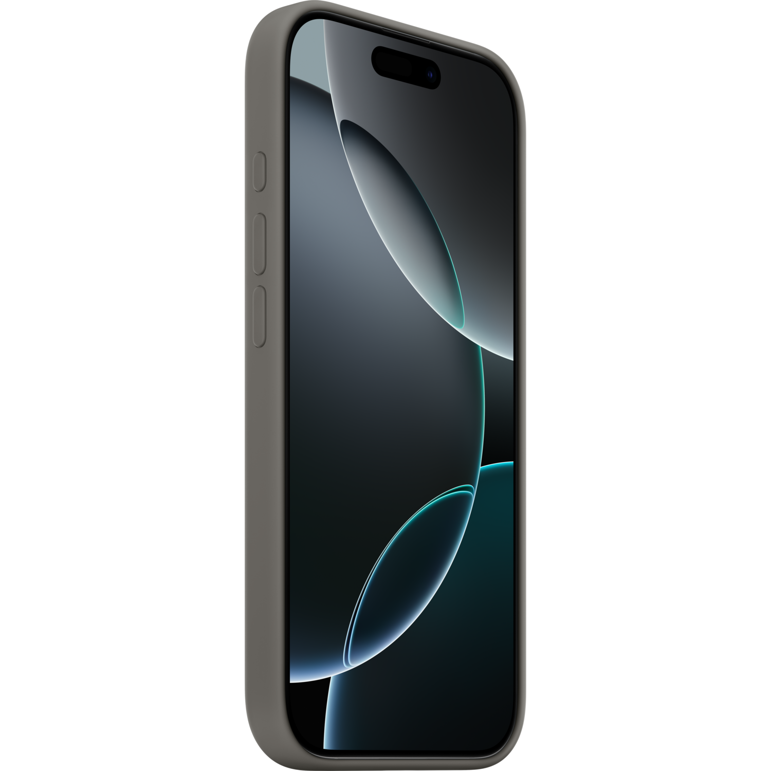 Téléphone dans un étui gris, vue latérale, montrant l'écran, les boutons de volume.