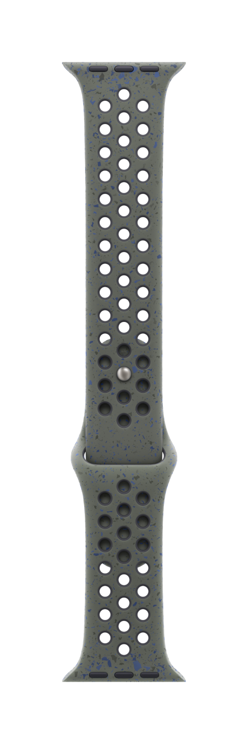 Groene gespikkelde Apple Watch band met gaatjes en een zilveren sluiting.