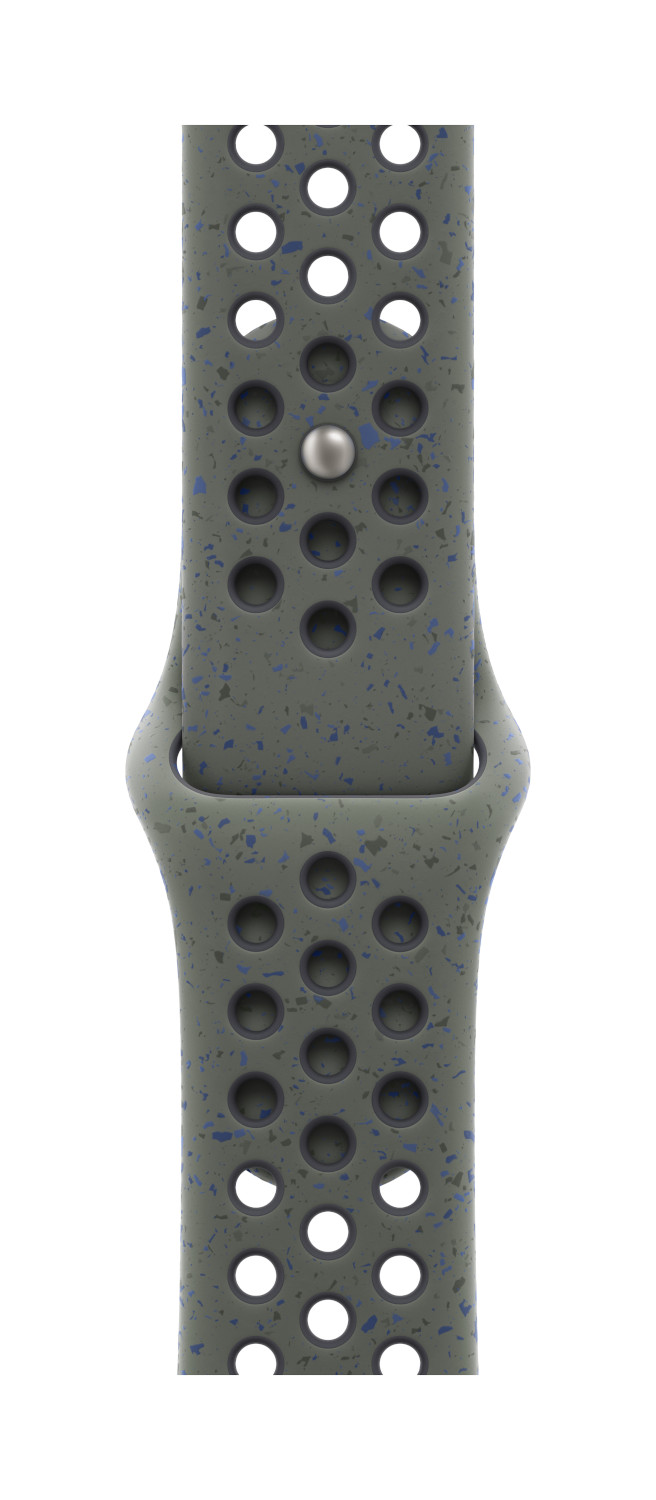 Een grijs-blauwe gespikkelde Apple Watch-band met een metalen sluiting.