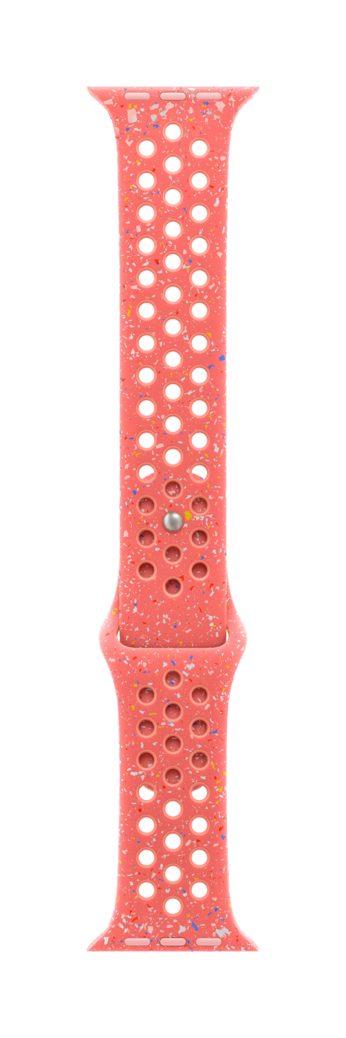 Roze horlogeband met kleurrijke spikkels. Er zitten gaten in de band.