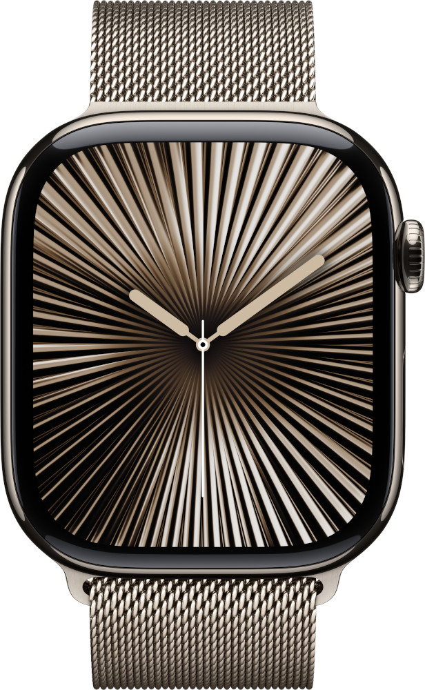 Apple Watch met een zilveren band en een wijzerplaat met een zonnestraalpatroon.