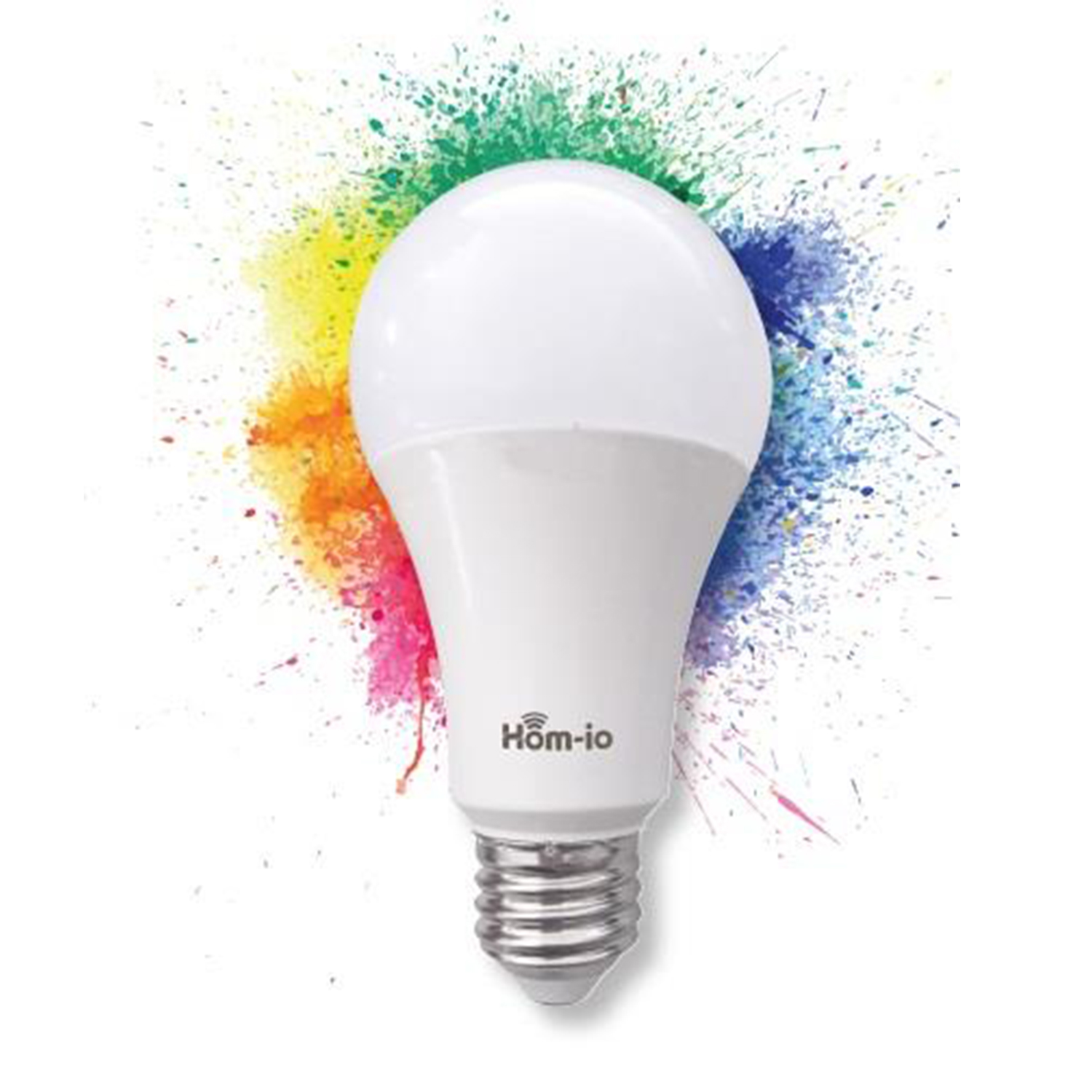 Lampadina LED bianca con schizzo di vernice colorata su sfondo bianco.