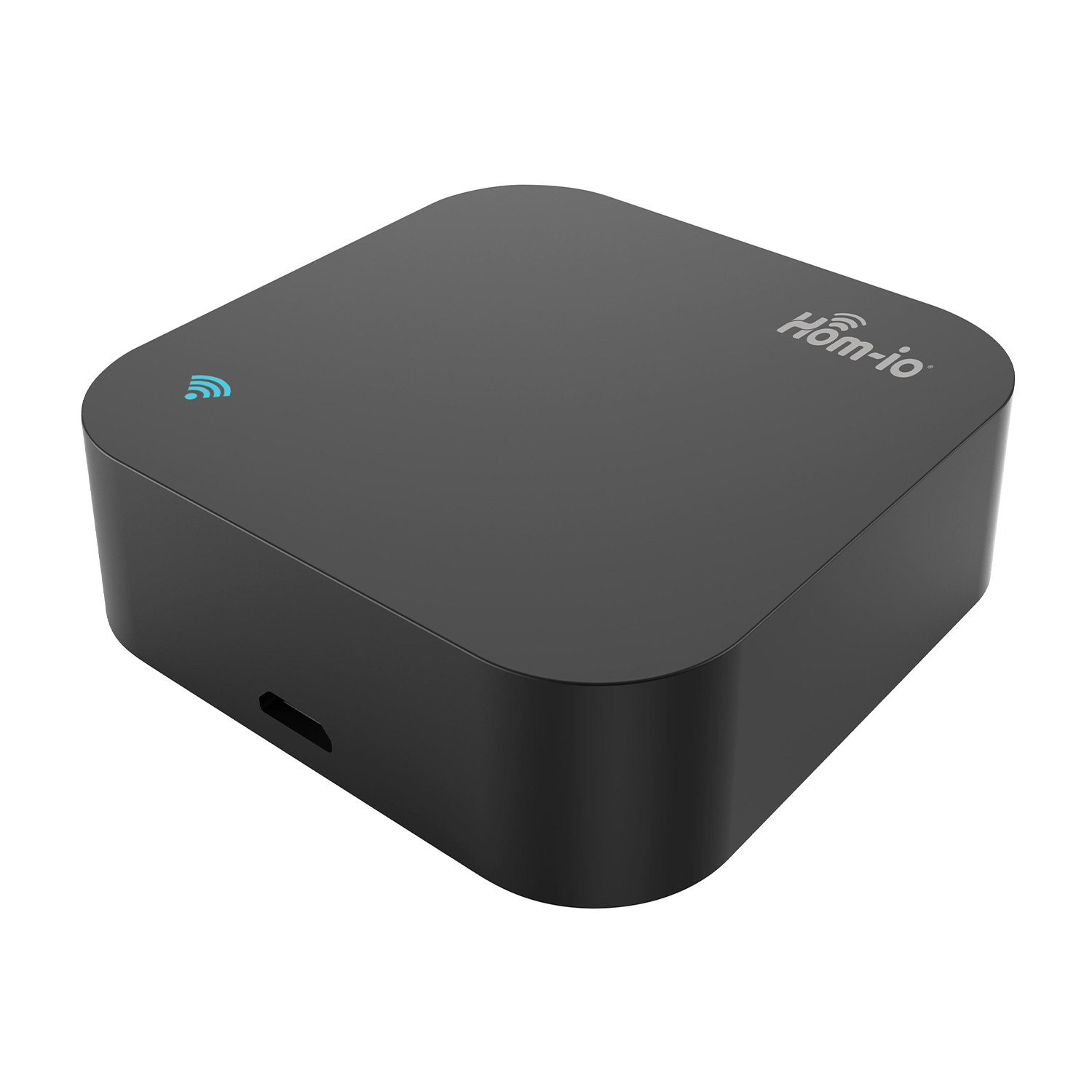 Un dispositivo quadrato nero con icona wireless blu e logo Hom-io.