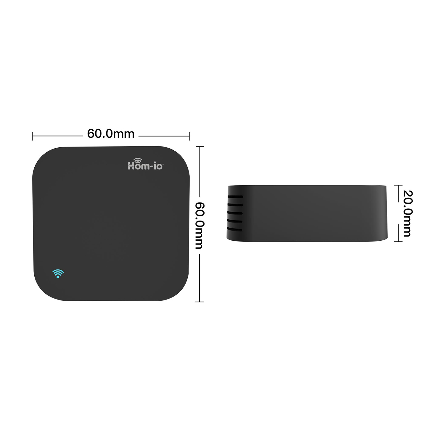 Dispositivo per la casa intelligente nero con dimensioni e simbolo Wi-Fi.