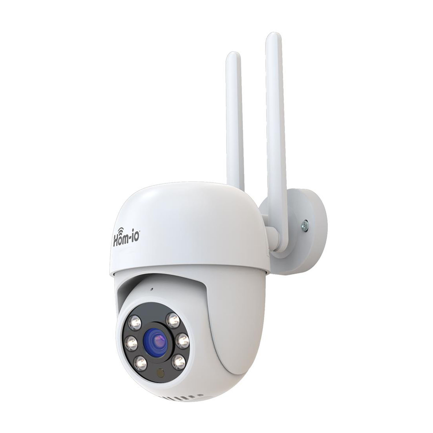 Telecamera di sicurezza esterna bianca con due antenne. È montata su un muro.