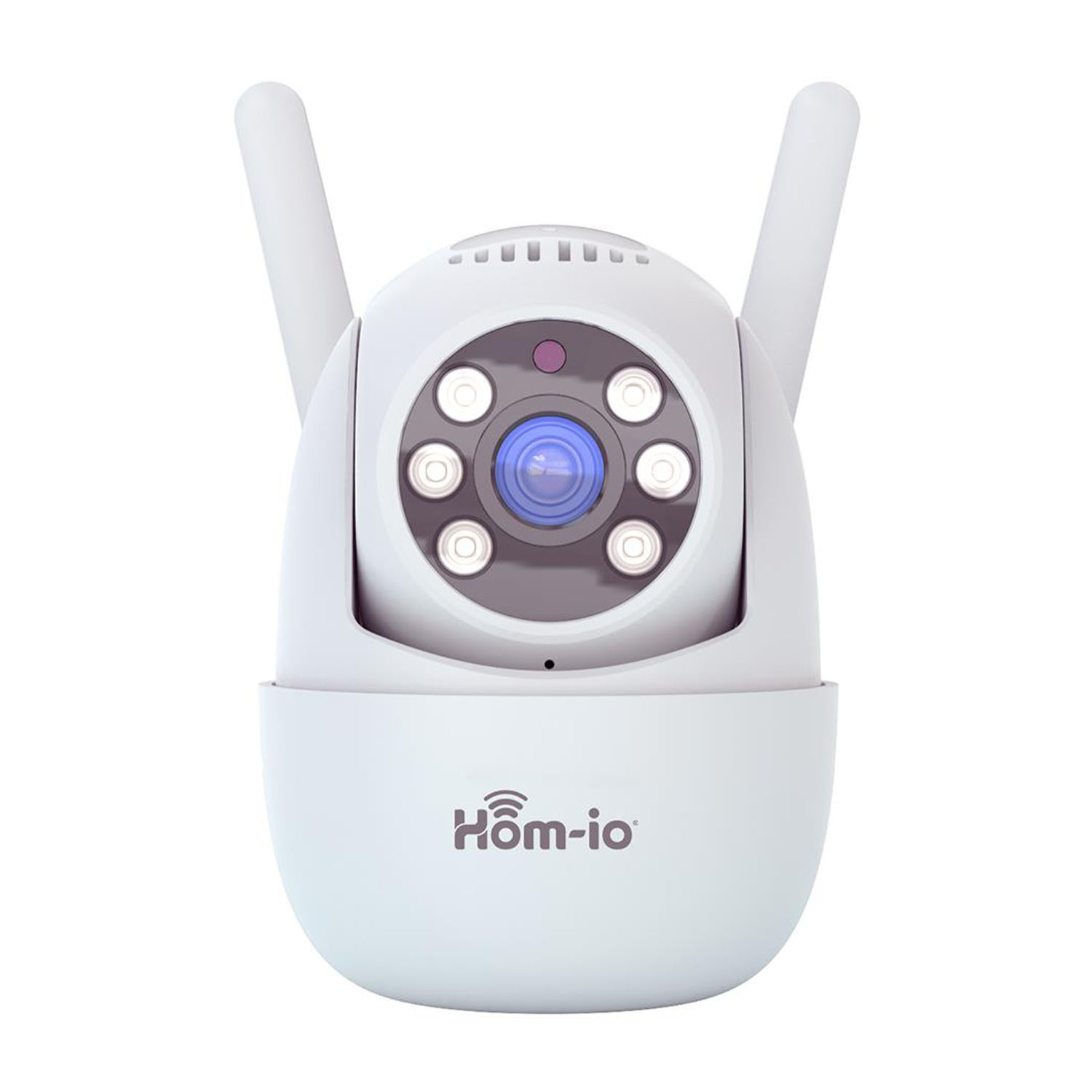 Telecamera di sicurezza bianca con antenne, lente e logo Hom-io.