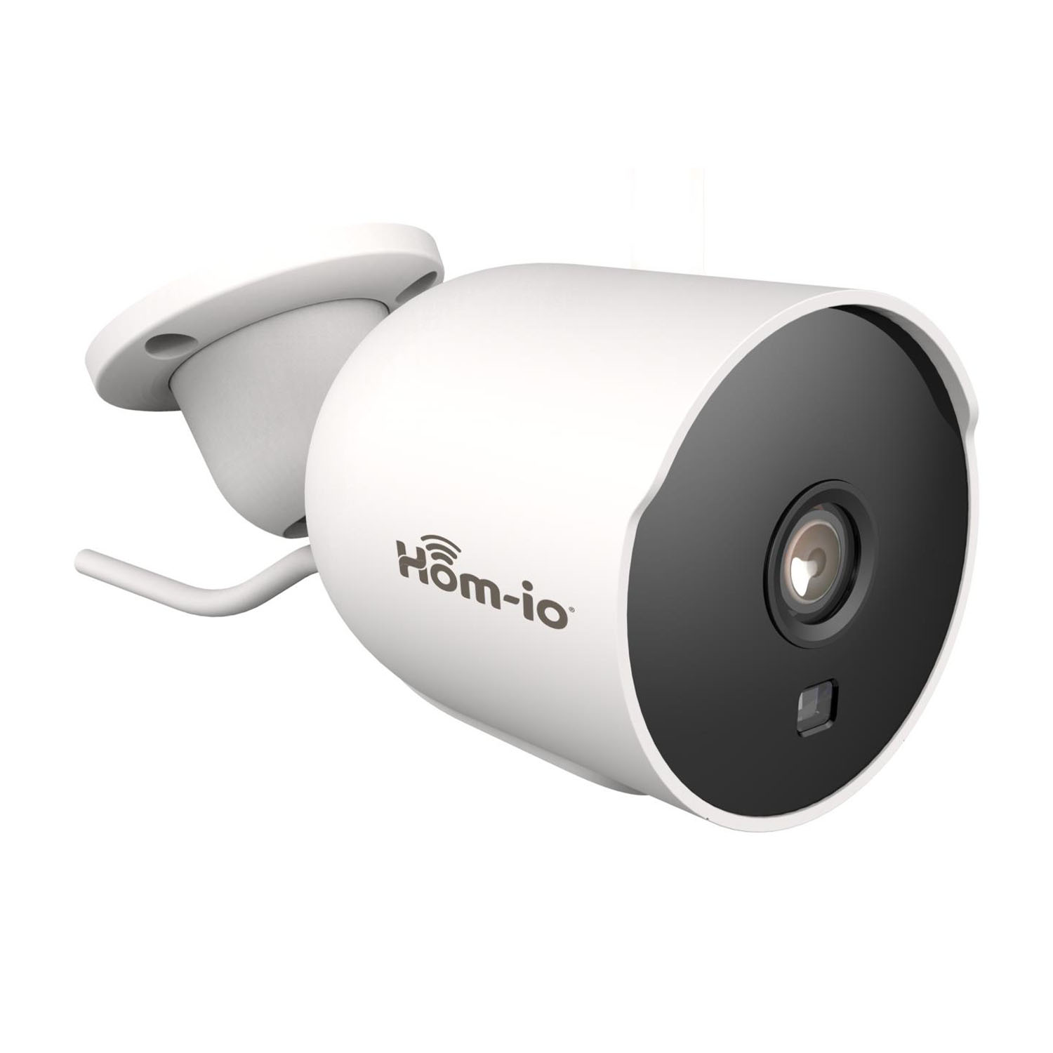Telecamera di sicurezza bianca con obiettivo nero e logo Home-io, sfondo bianco.