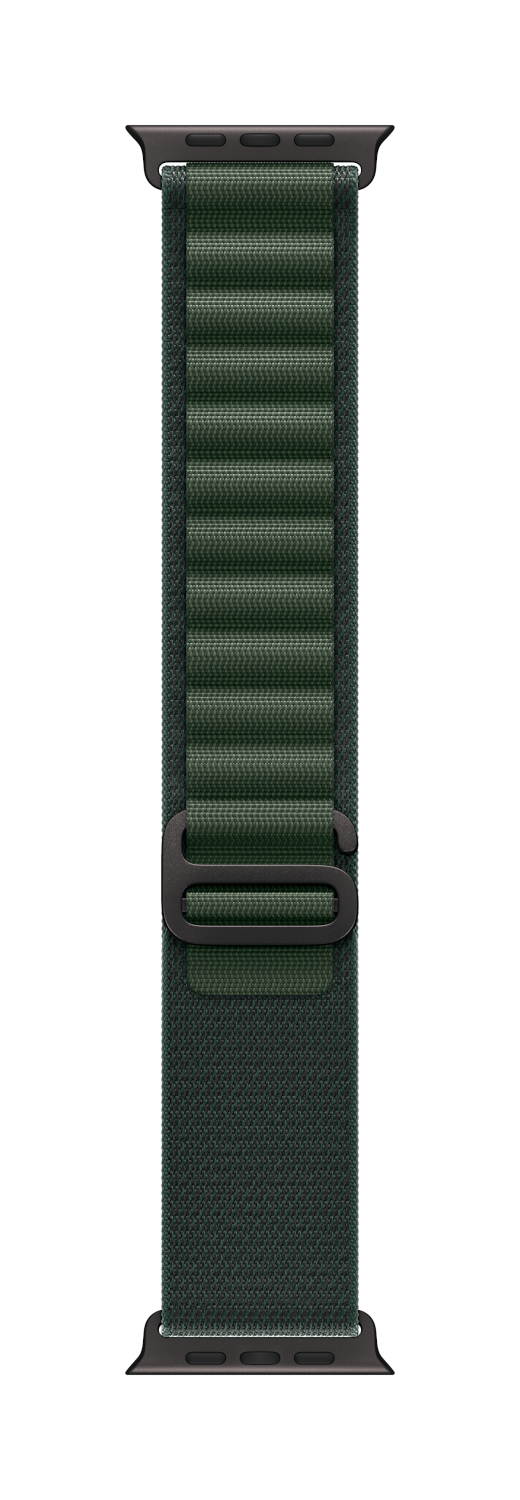 Bracelet Apple Watch Ultra, vert. Un bracelet de montre en tissu vert avec une boucle noire.