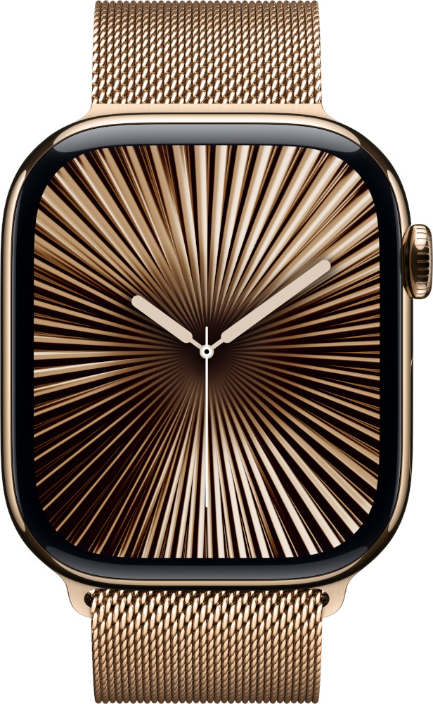 Gouden Apple Watch met gouden mesh band, wijzerplaat met radiaal patroon.