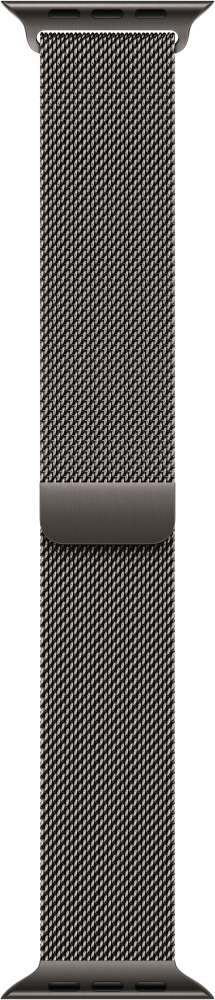 Un bracelet de montre. Il a un design en mesh et une boucle gris foncé.