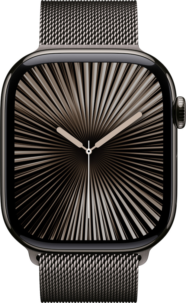 Gros plan d'une Apple Watch avec un design en forme de soleil sur le cadran.