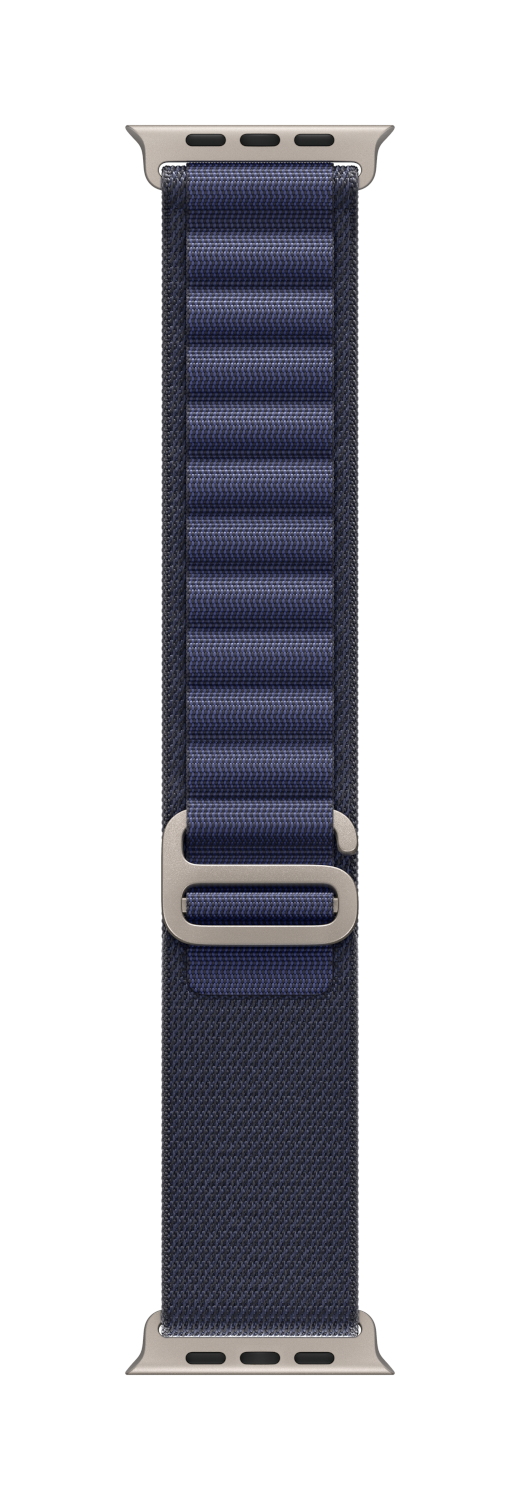 Donkerblauwe Apple Watch band met een metalen sluiting en een gestructureerd ontwerp.