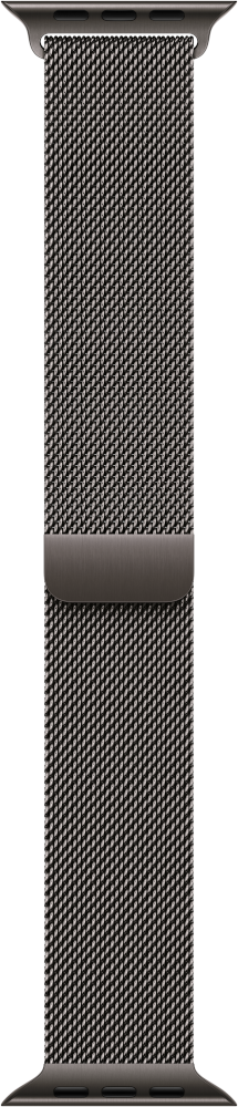 Bracelet Apple Watch métallique avec un design en maille. Le bracelet est argenté avec un fermoir foncé. Fond noir.