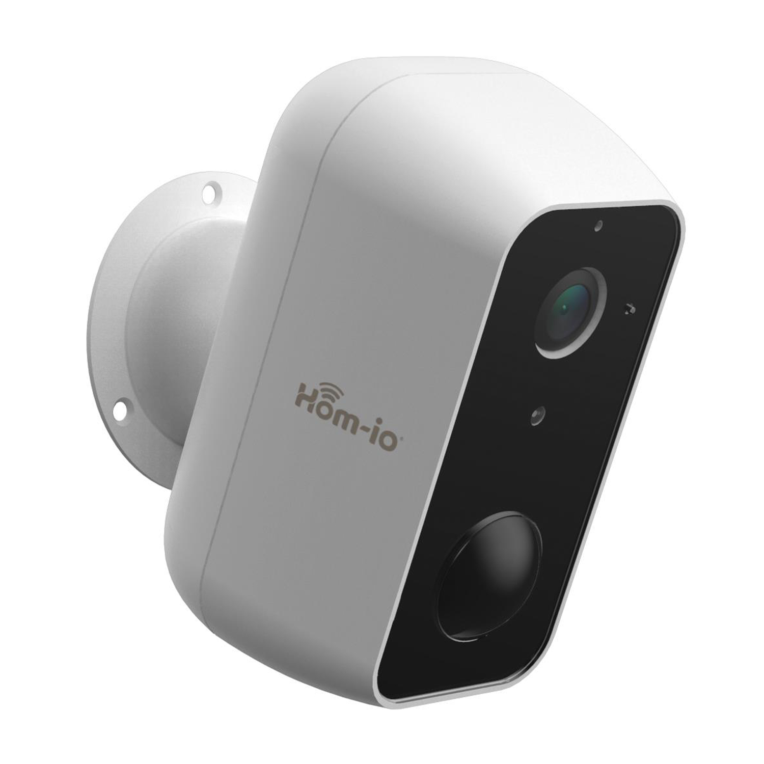 Telecamera di sicurezza Home-io bianca e grigia con obiettivo nero, montata su superficie bianca.