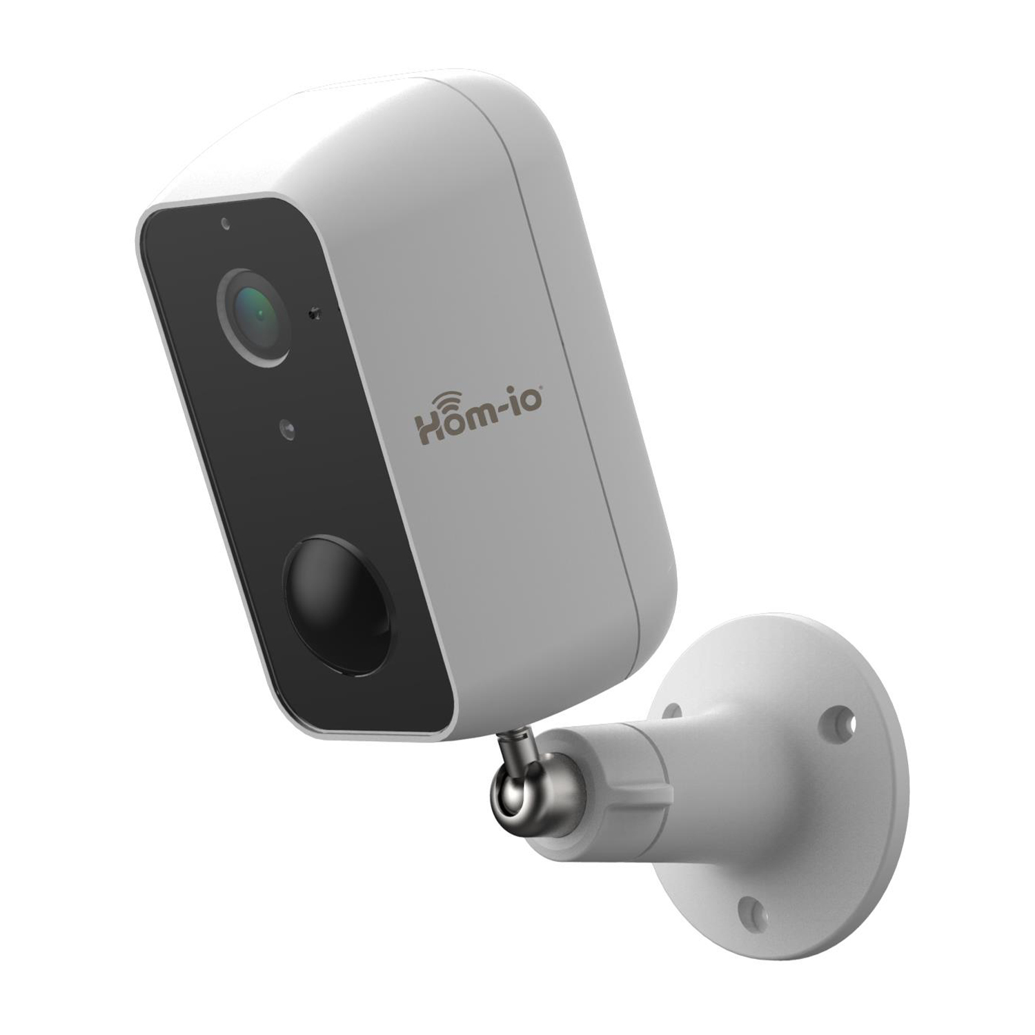 Telecamera di sicurezza wireless bianca montata su una parete bianca. La telecamera ha un obiettivo nero.