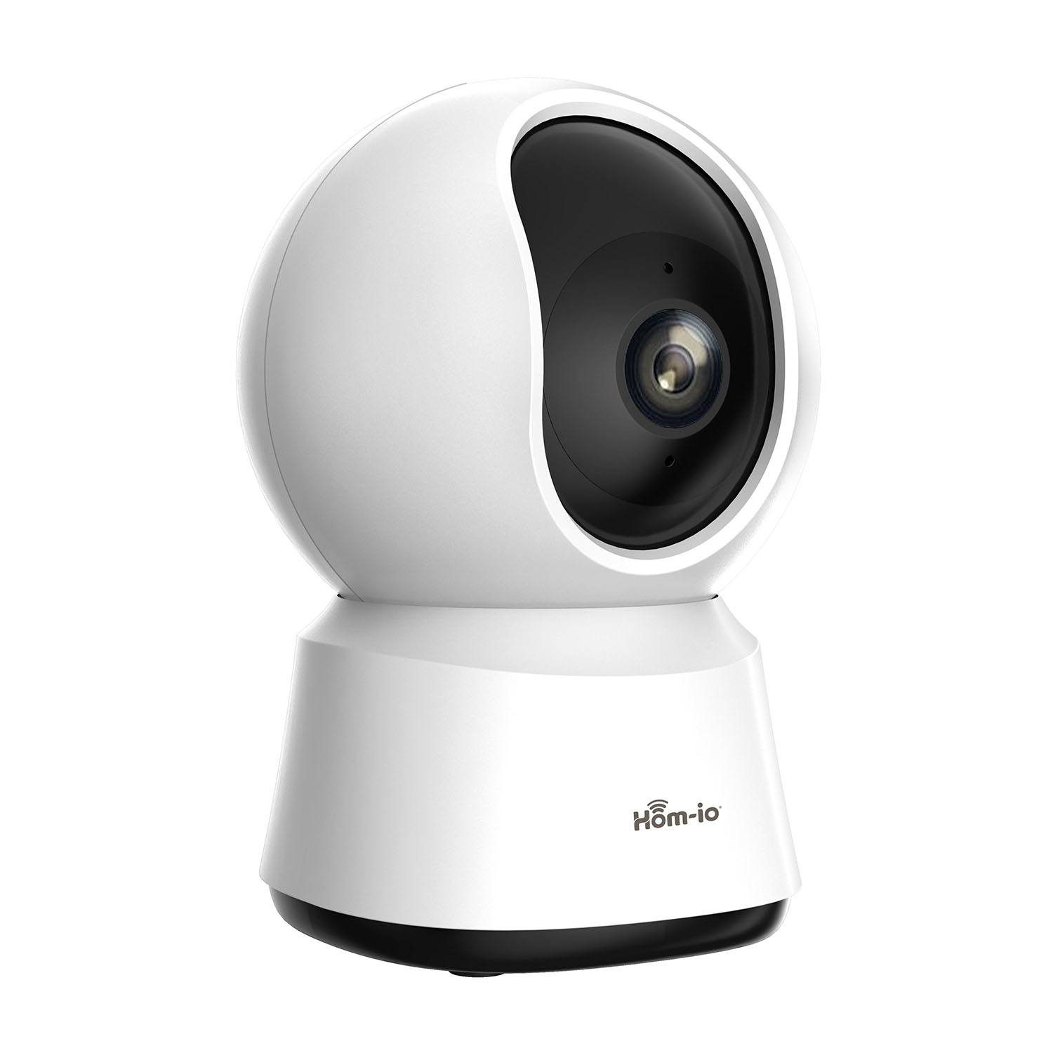 Telecamera di sicurezza Hom-io bianca su sfondo bianco, design arrotondato.