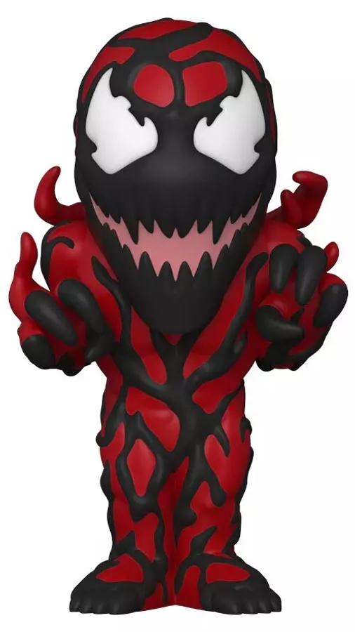 Carnage figura. Piros és fekete, nagy fehér szemekkel és tátott szájjal.