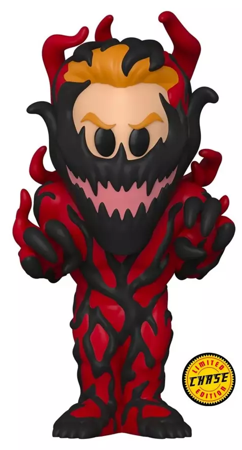 Egy Funko Pop figura Carnage-ról fekete és piros részletekkel, Chase Edition matricával.