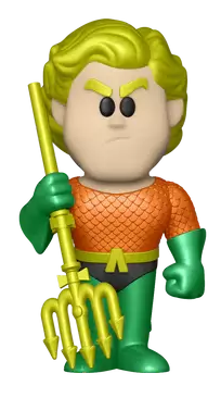 Aquaman Funko Pop figura. Narancs és zöld ruhát visel, háromágú szigonyt tart, szigorú arckifejezéssel.