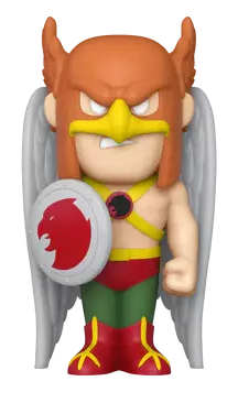 Hawkman figura pajzzsal. Maszkot, szárnyakat, piros-arany ruhát visel.